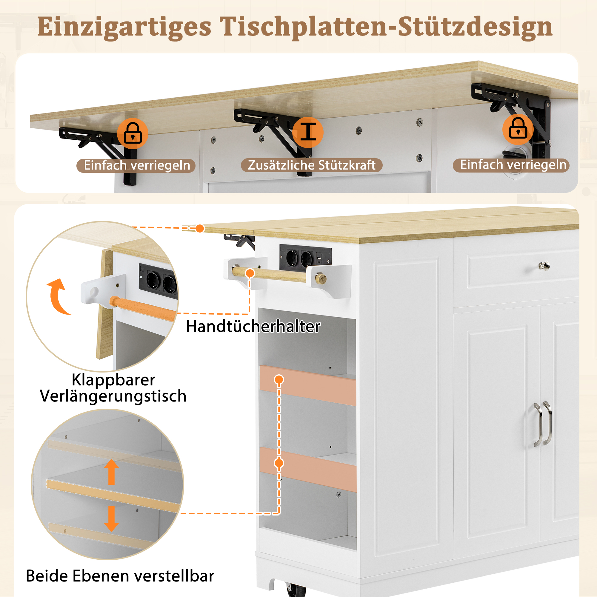 Îlot de cuisine moderne avec plan de travail escamotable 120×40-70 cm, prise intégrée, rangements flexibles, poubelle intégrée, pour cuisine, design européen, beaucoup de stockage, style fonctionnel élégant - image 1