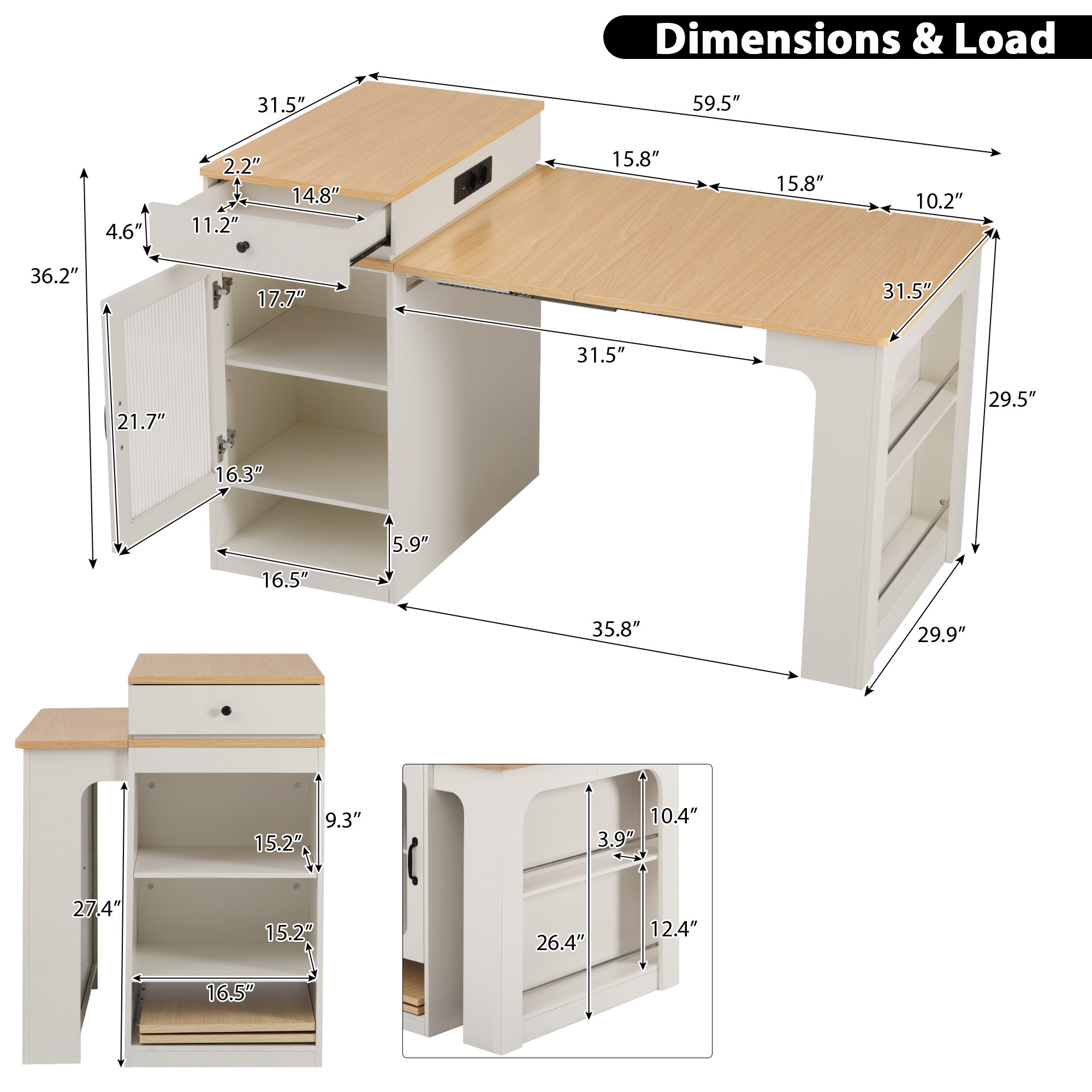 Table à manger extensible design moderne, corps aspect bois naturel, plateau marbre blanc, design flottant, poignées métalliques, portes en verre cannelé, coins arrondis, pour 2 à 4 personnes, pour salle à manger - image 39