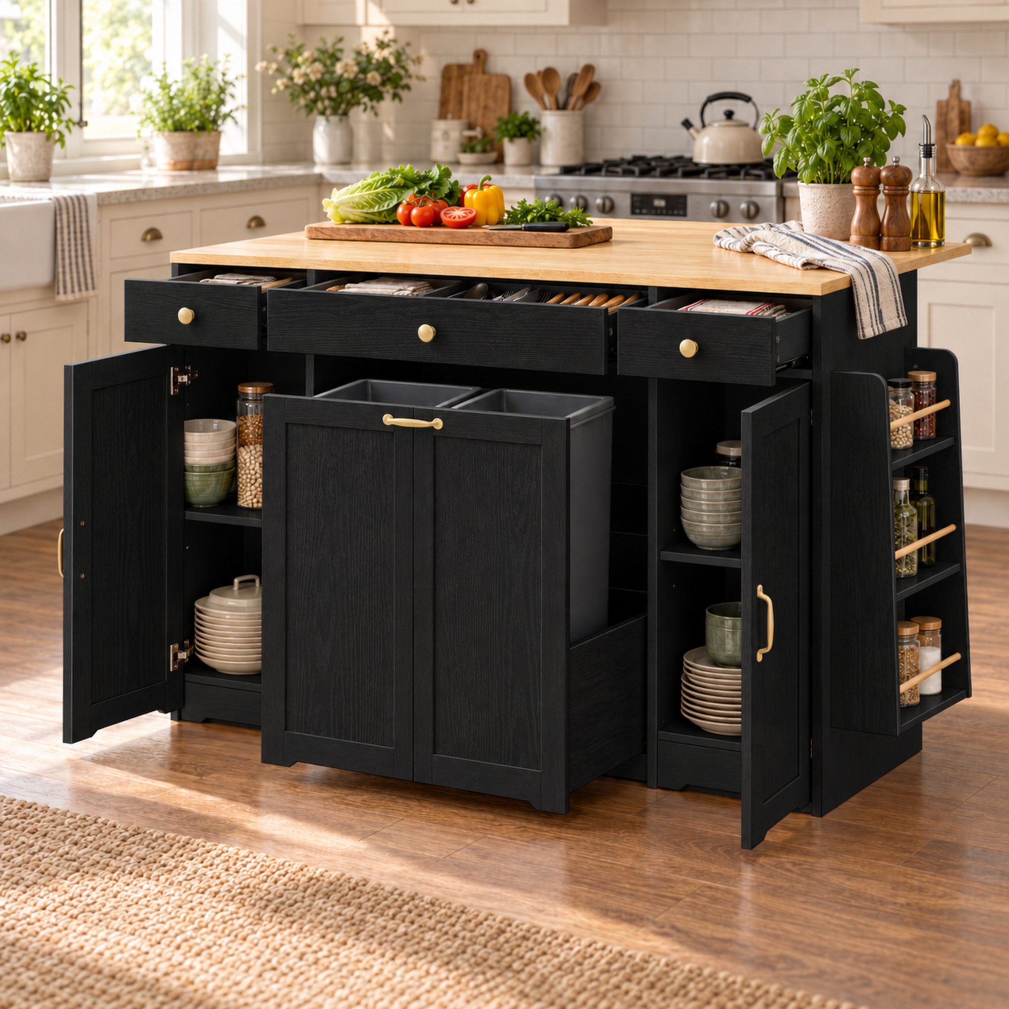 Buffet, avec tiroirs, 136 x 65 x 90 cm, bois et MDF, noir - vue 1