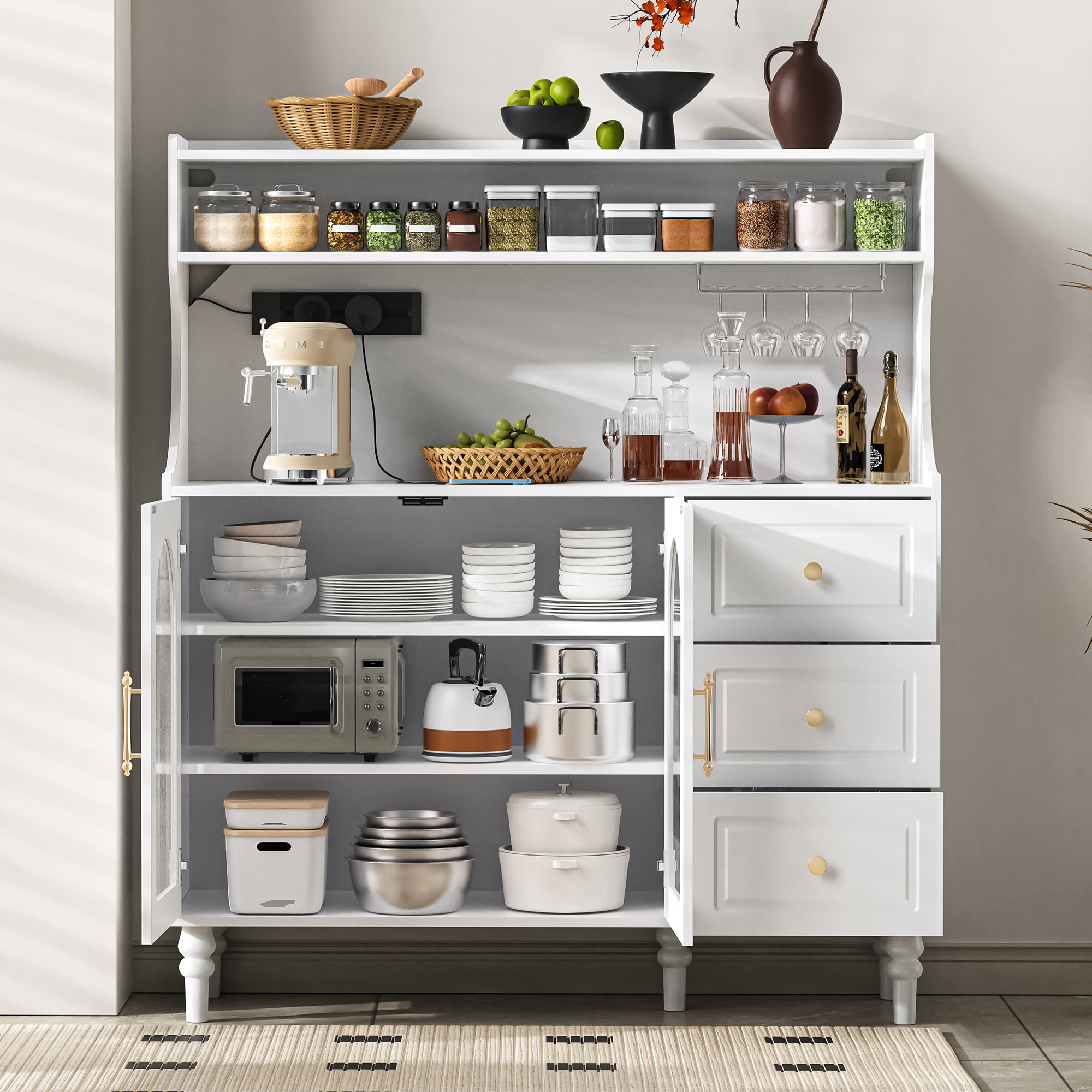 Buffet, rangement intégré, avec tiroirs, prises et recharge intégrées, 120 x 40 x 138,5 cm, verre et MDF, blanc - vue 3