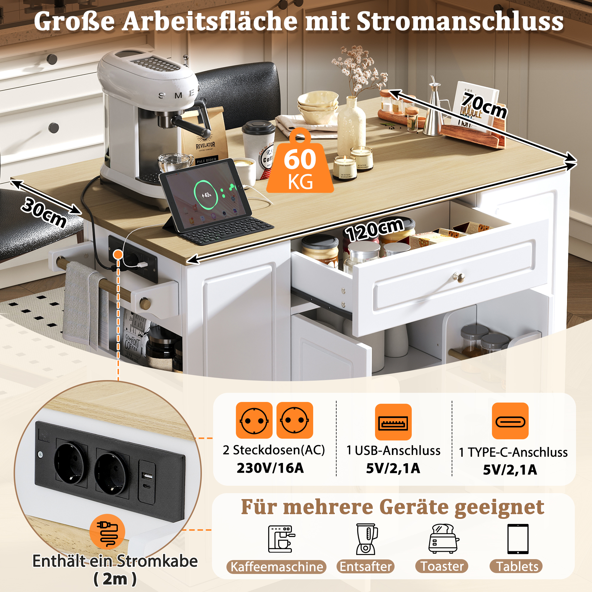 Îlot de cuisine moderne avec plan de travail escamotable 120×40-70 cm, prise intégrée, rangements flexibles, poubelle intégrée, pour cuisine, design européen, beaucoup de stockage, style fonctionnel élégant - image 2
