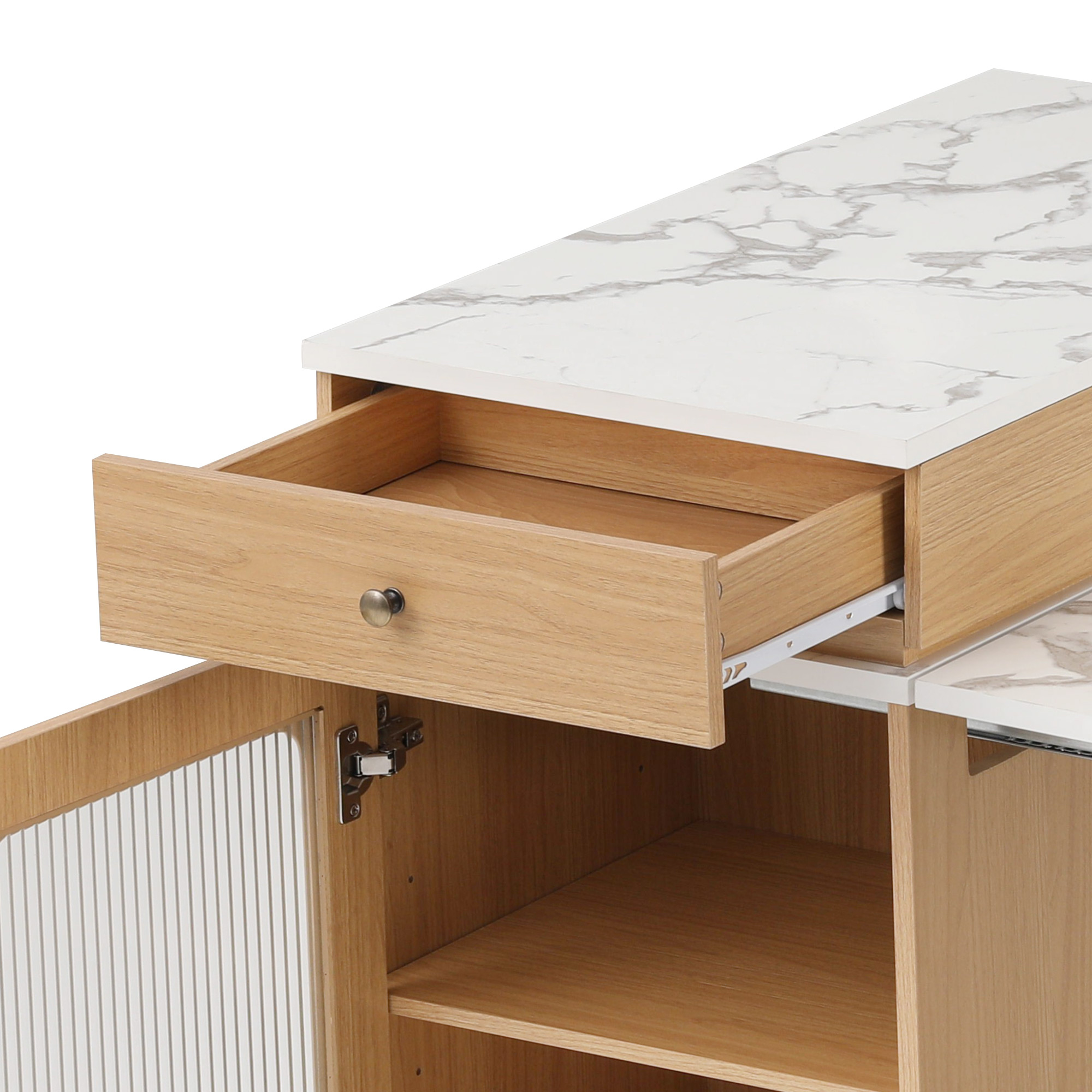 Table à manger extensible design moderne, corps aspect bois naturel, plateau marbre blanc, design flottant, poignées métalliques, portes en verre cannelé, coins arrondis, pour 2 à 4 personnes, pour salle à manger - image 13