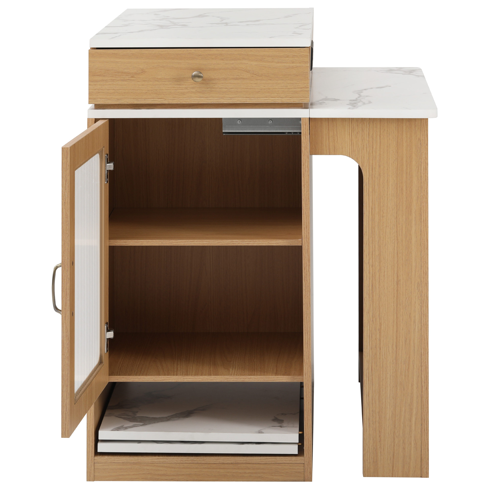 Table à manger extensible design moderne, corps aspect bois naturel, plateau marbre blanc, design flottant, poignées métalliques, portes en verre cannelé, coins arrondis, pour 2 à 4 personnes, pour salle à manger - image 10