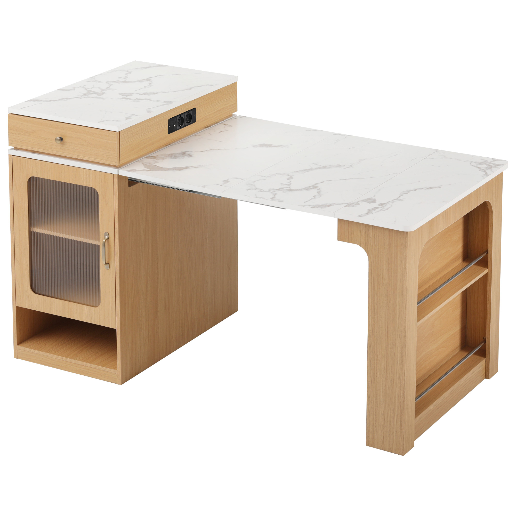 Table à manger extensible design moderne, corps aspect bois naturel, plateau marbre blanc, design flottant, poignées métalliques, portes en verre cannelé, coins arrondis, pour 2 à 4 personnes, pour salle à manger - image 7