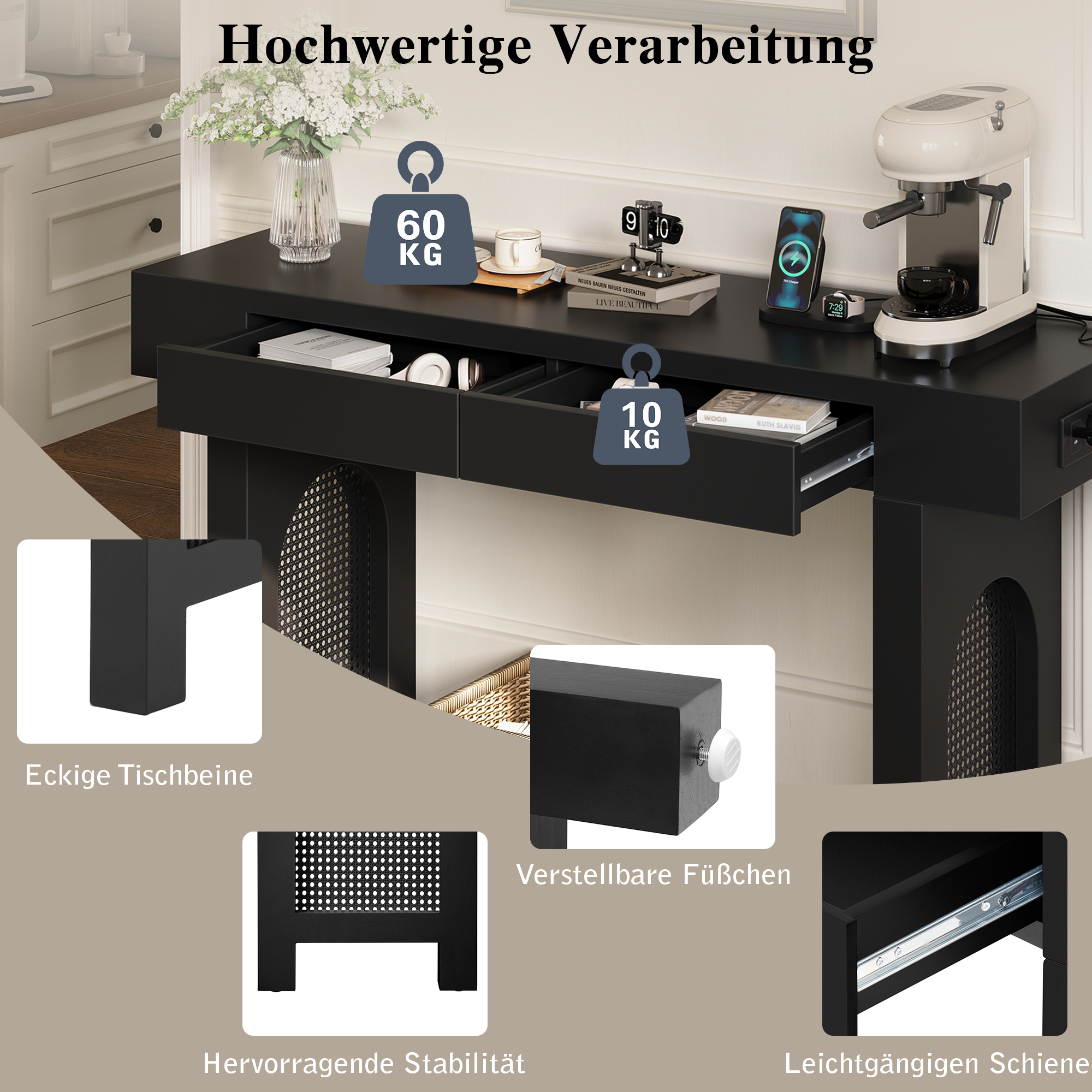 Table basse, avec tiroirs, prises et recharge intégrées, 120 x 35,5 x 76,5 cm, MDF, noir - vue 4