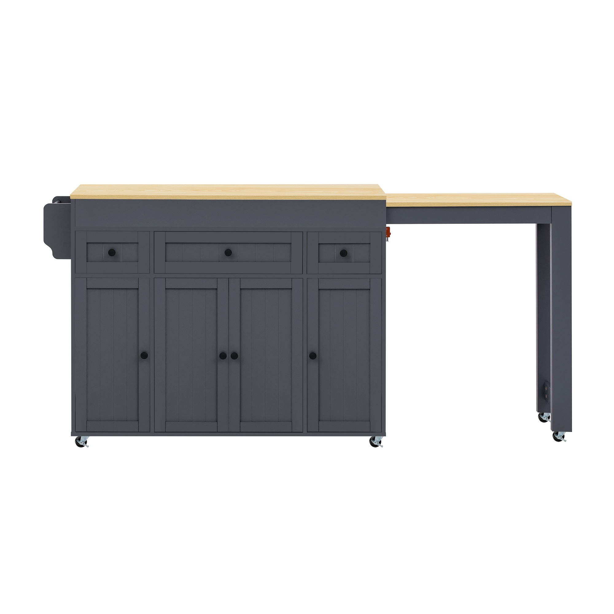 Îlot de cuisine, extensible, mobile sur roulettes, avec tiroirs, 137 x 45,2 x 92 cm, MDF, gris - vue 2