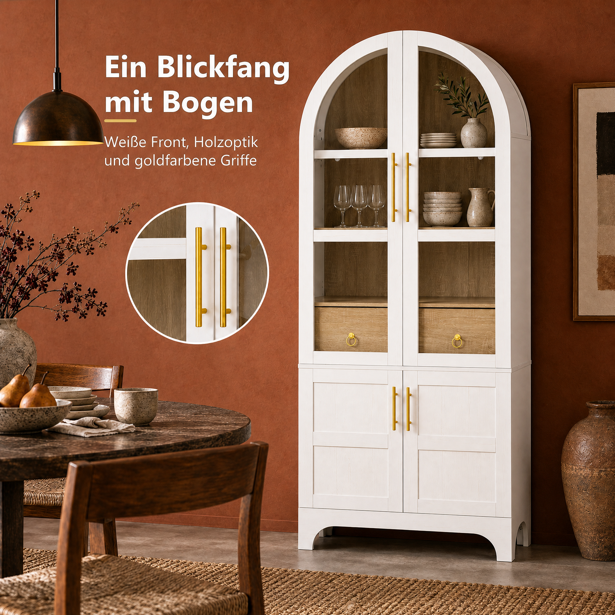 Buffet de rangement, rangement intégré, avec tiroirs, étagères réglables, 76 x 40 x 180 cm, verre et MDF, blanc - vue 5