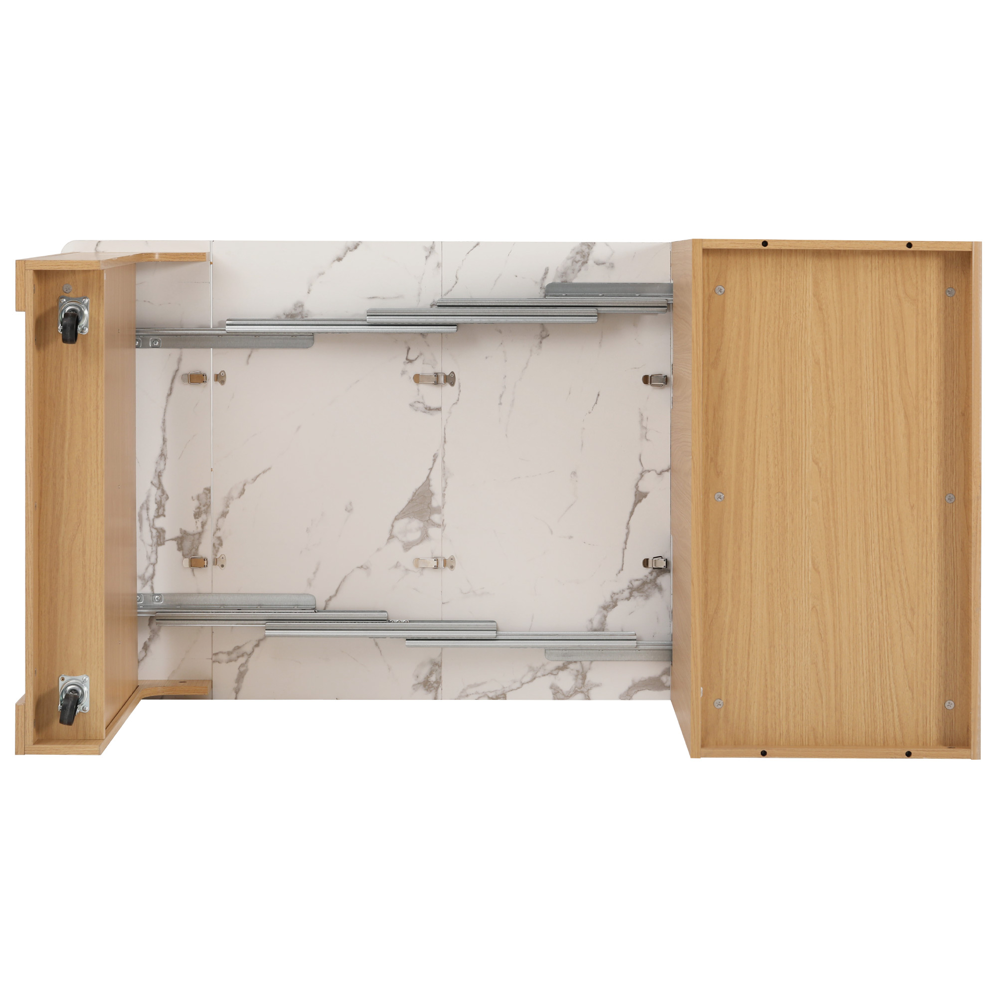 Table à manger extensible design moderne, corps aspect bois naturel, plateau marbre blanc, design flottant, poignées métalliques, portes en verre cannelé, coins arrondis, pour 2 à 4 personnes, pour salle à manger - image 33