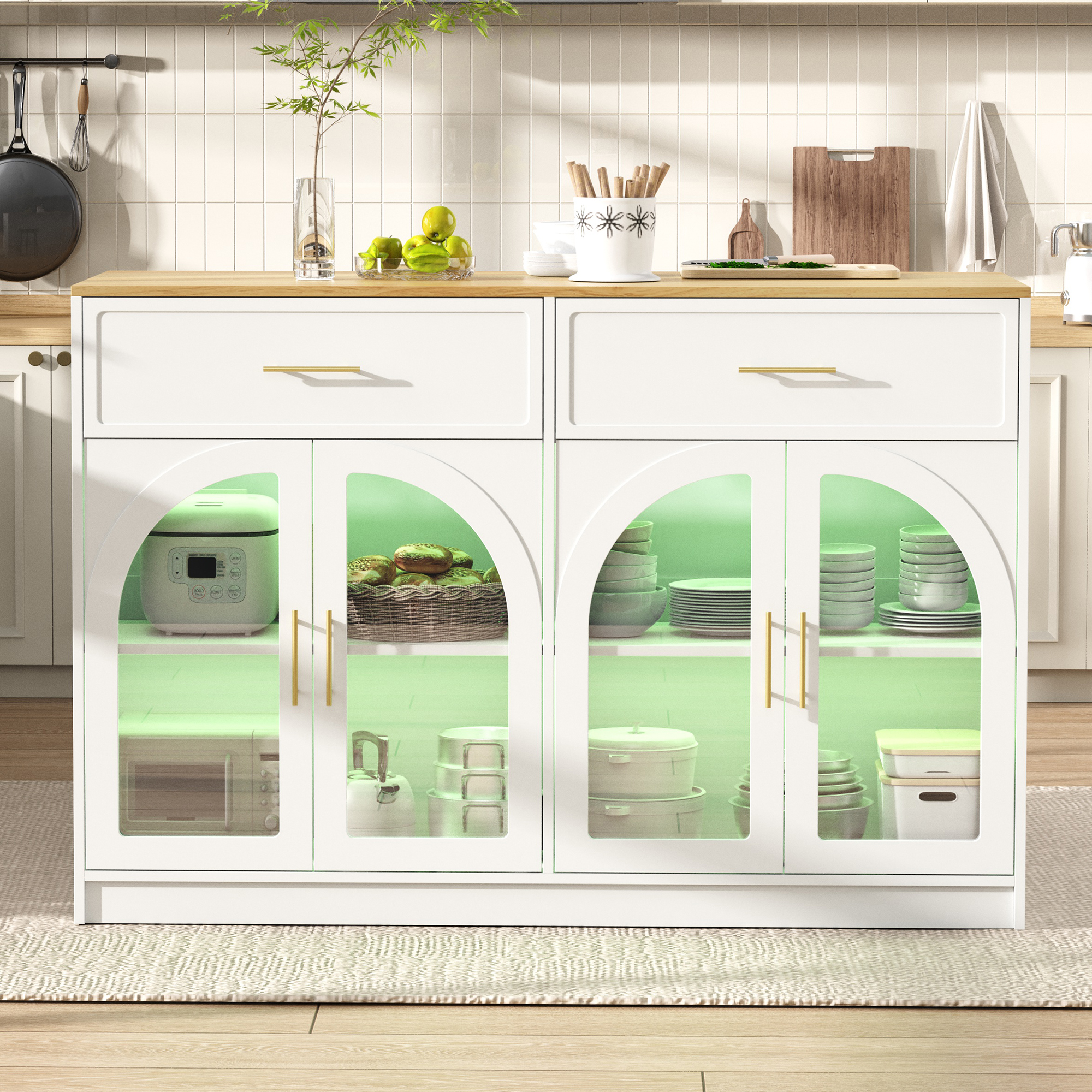 Îlot de cuisine, avec tiroirs, étagères réglables, éclairage led, 135 x 55 x 91 cm, MDF, transparent - vue 1