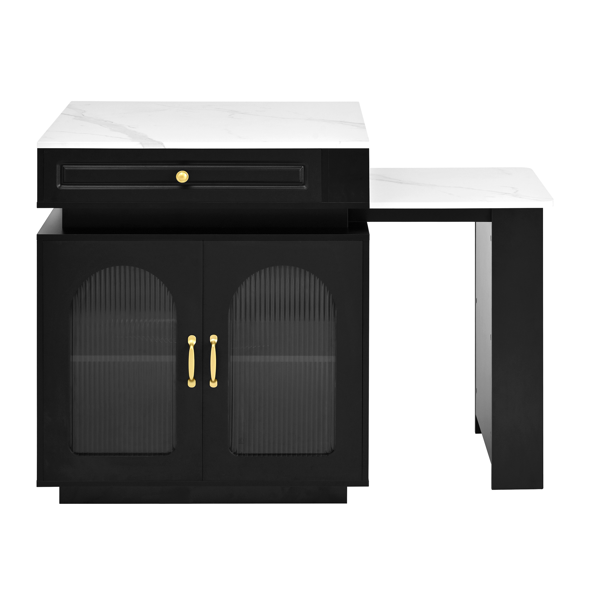 fermée : buffet gain de place ou bureau simple, plateaux rangés sous la structure