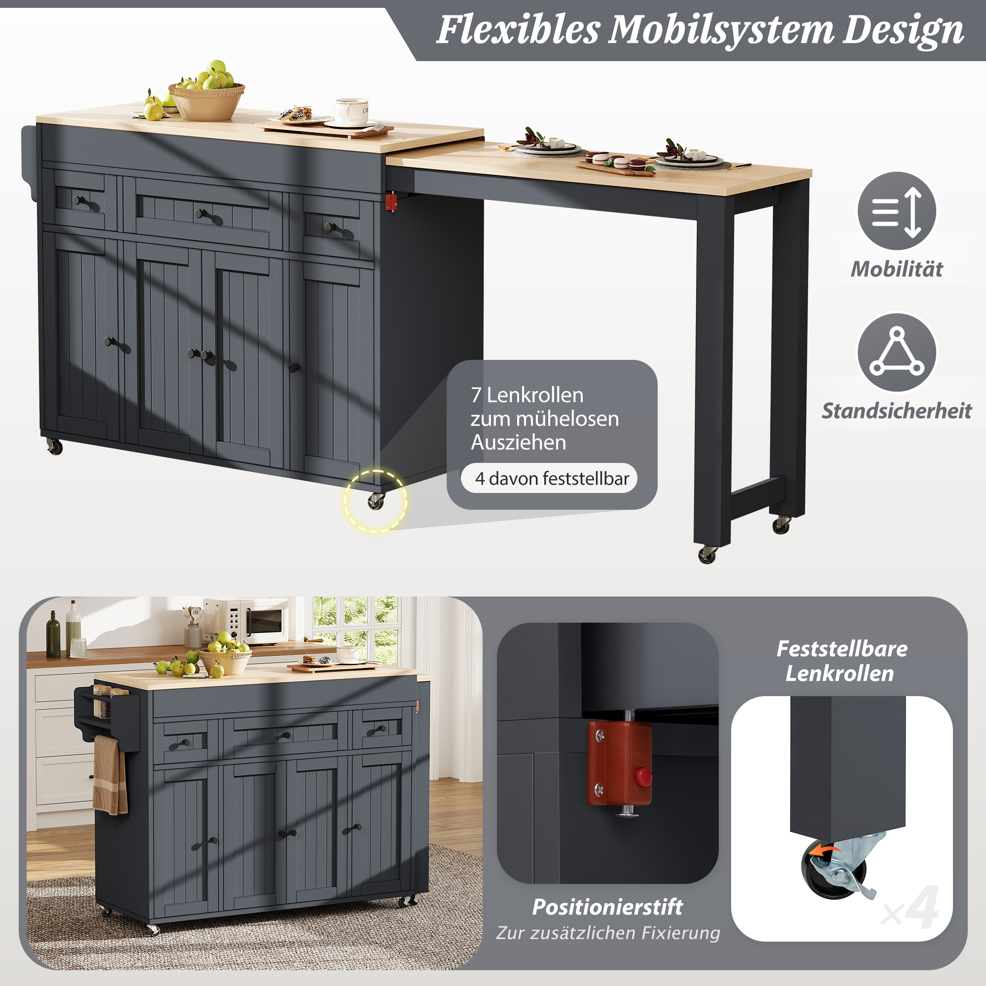 Îlot de cuisine, extensible, mobile sur roulettes, avec tiroirs, 137 x 45,2 x 92 cm, MDF, gris - vue 4