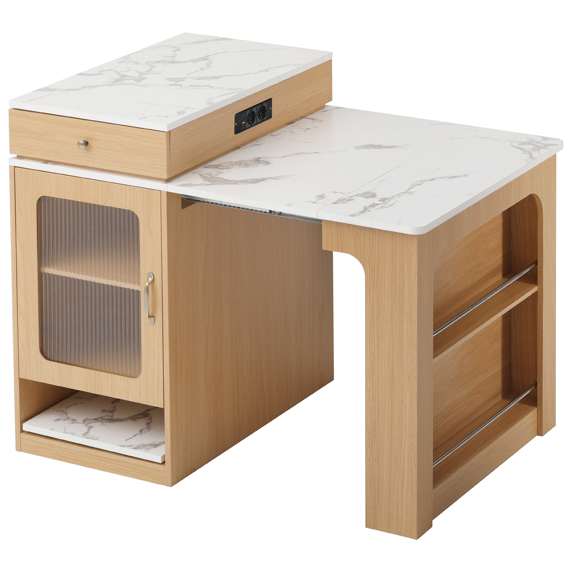 Table à manger extensible design moderne, corps aspect bois naturel, plateau marbre blanc, design flottant, poignées métalliques, portes en verre cannelé, coins arrondis, pour 2 à 4 personnes, pour salle à manger - image 6