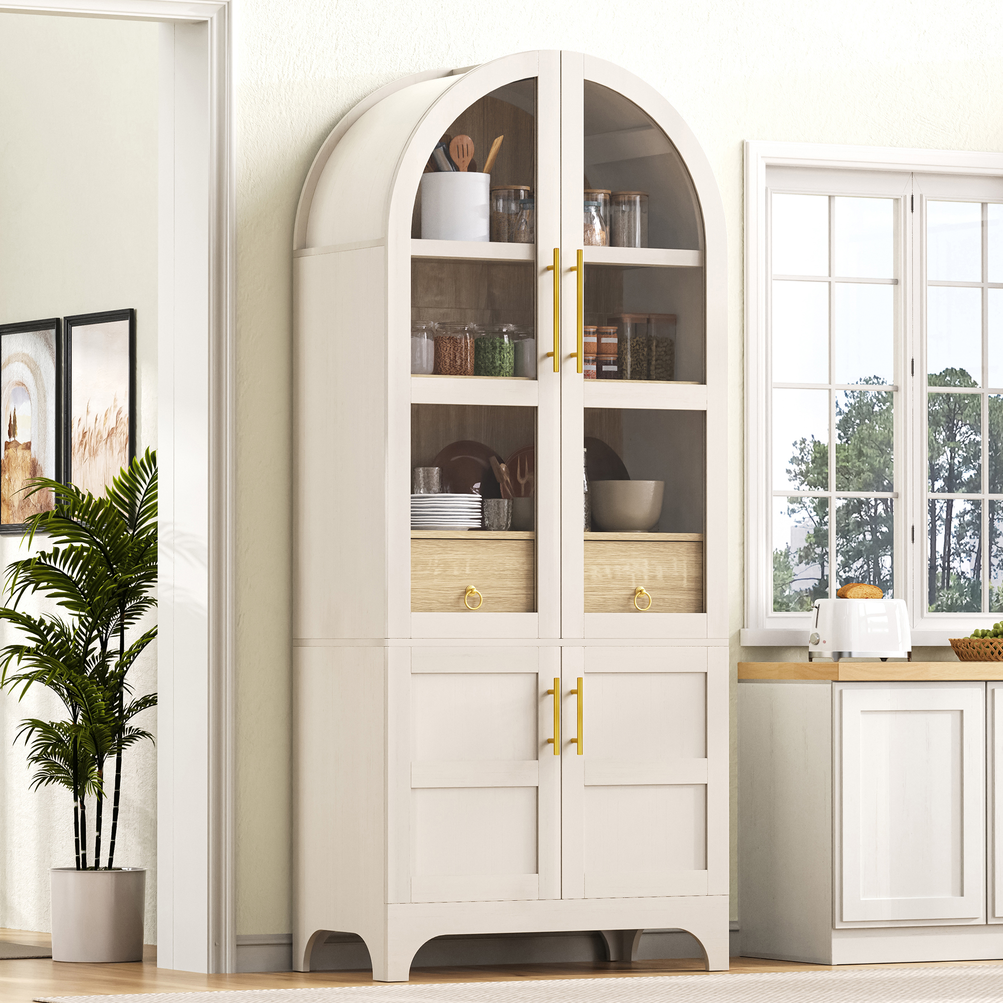 Buffet de rangement, rangement intégré, avec tiroirs, étagères réglables, 76 x 40 x 180 cm, verre et MDF, blanc - vue 1