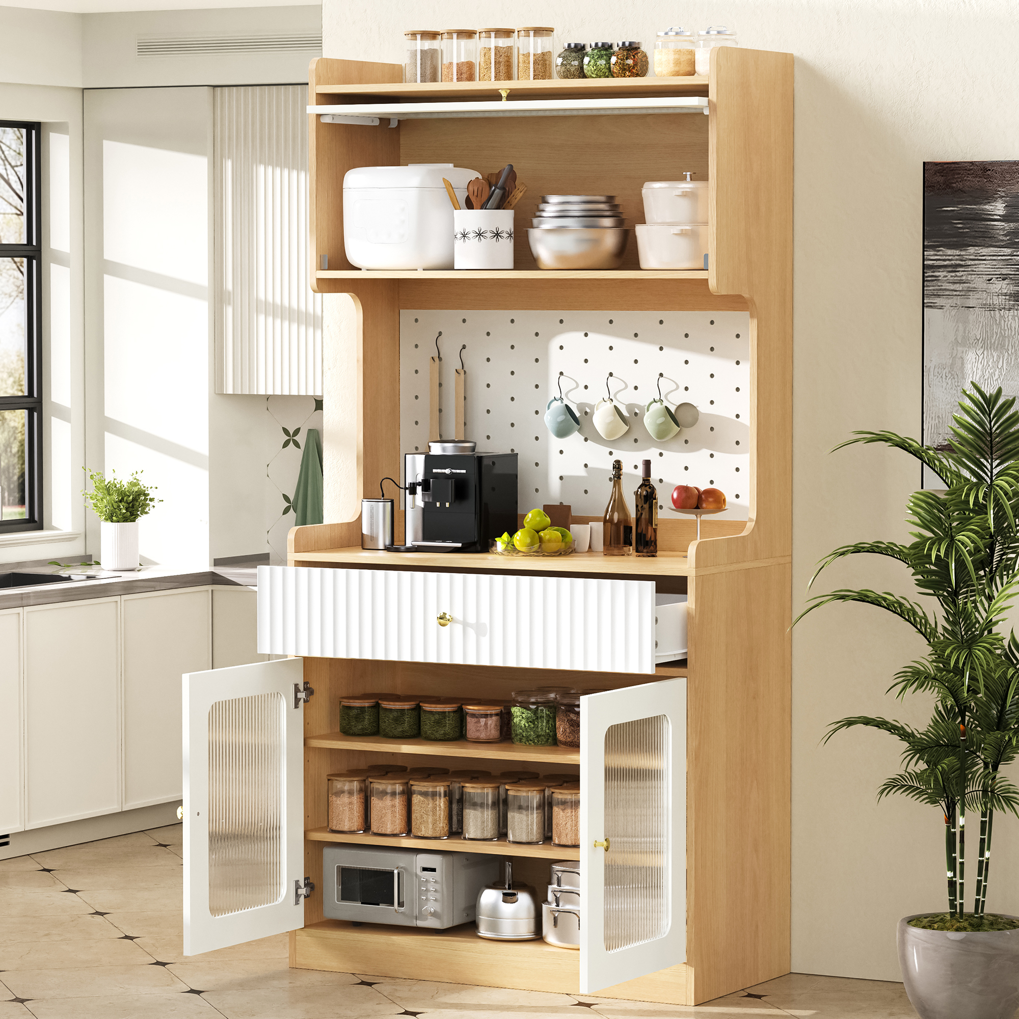 Buffet de rangement, avec tiroirs, étagères réglables, éclairage led, 80 x 40 x 180 cm, panneaux de particules et verre, bois naturel - vue 2