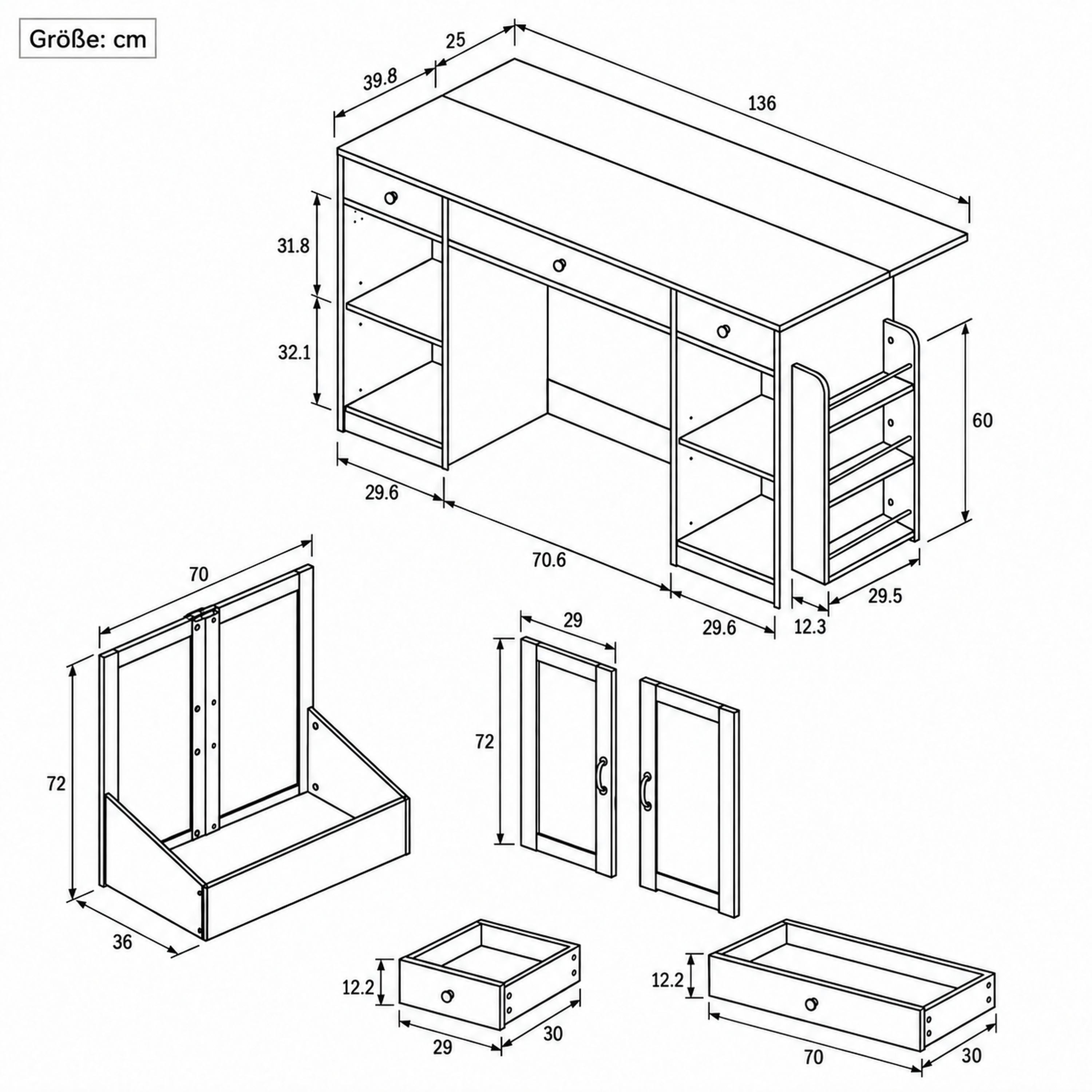 Buffet, avec tiroirs, 136 x 65 x 90 cm, bois et MDF, noir - vue 5