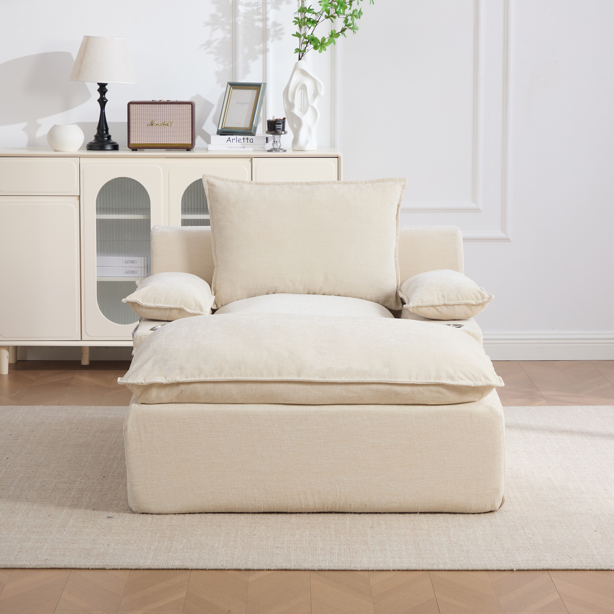Fauteuil relax chaiselongue en chenille beige avec 4 coussins - vue 2