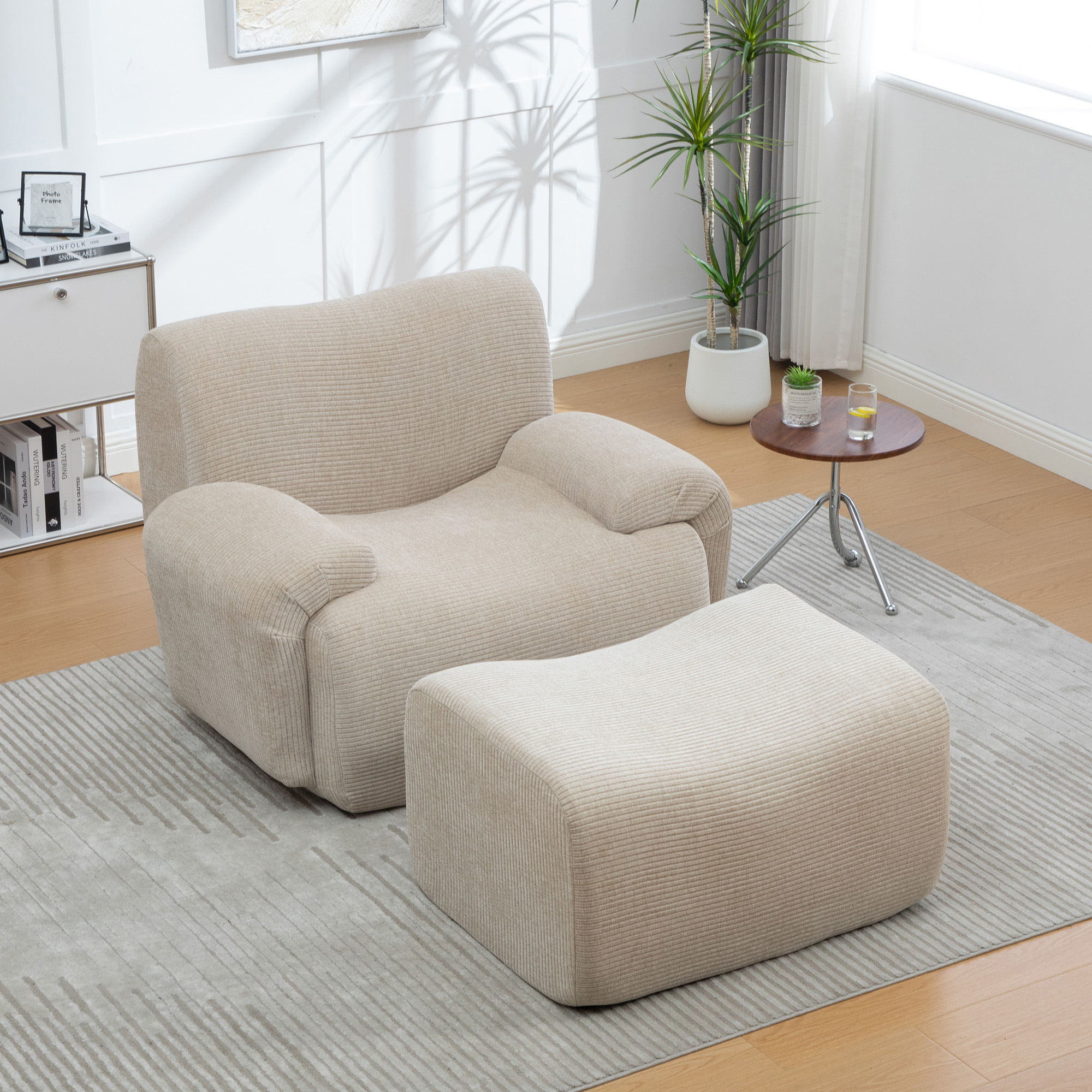 Fauteuil avec poufs en chenille light khaki - présentation 1