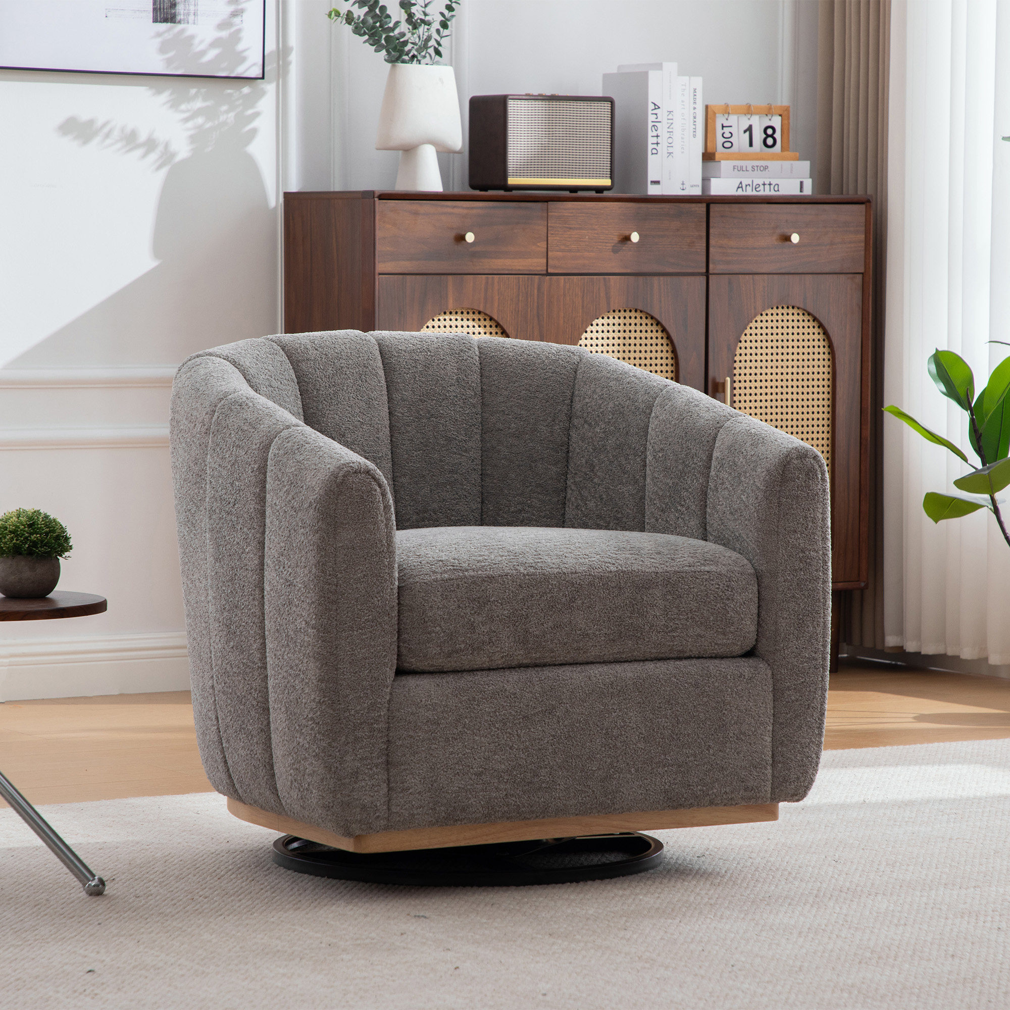 Moderner Chenille-Polsterhocker mit Metallfuß, 360