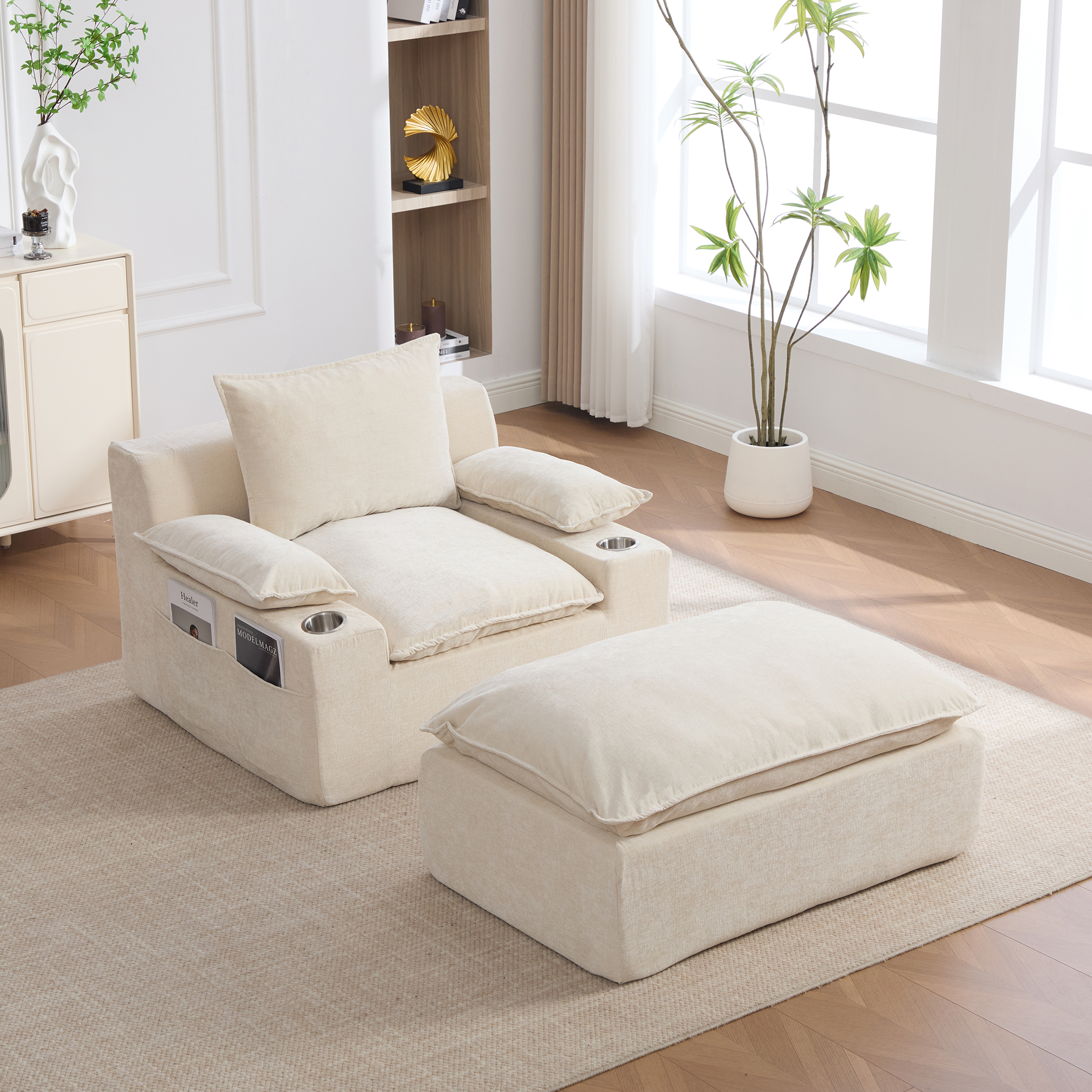 Fauteuil relax chaiselongue en chenille beige avec 4 coussins - vue 4