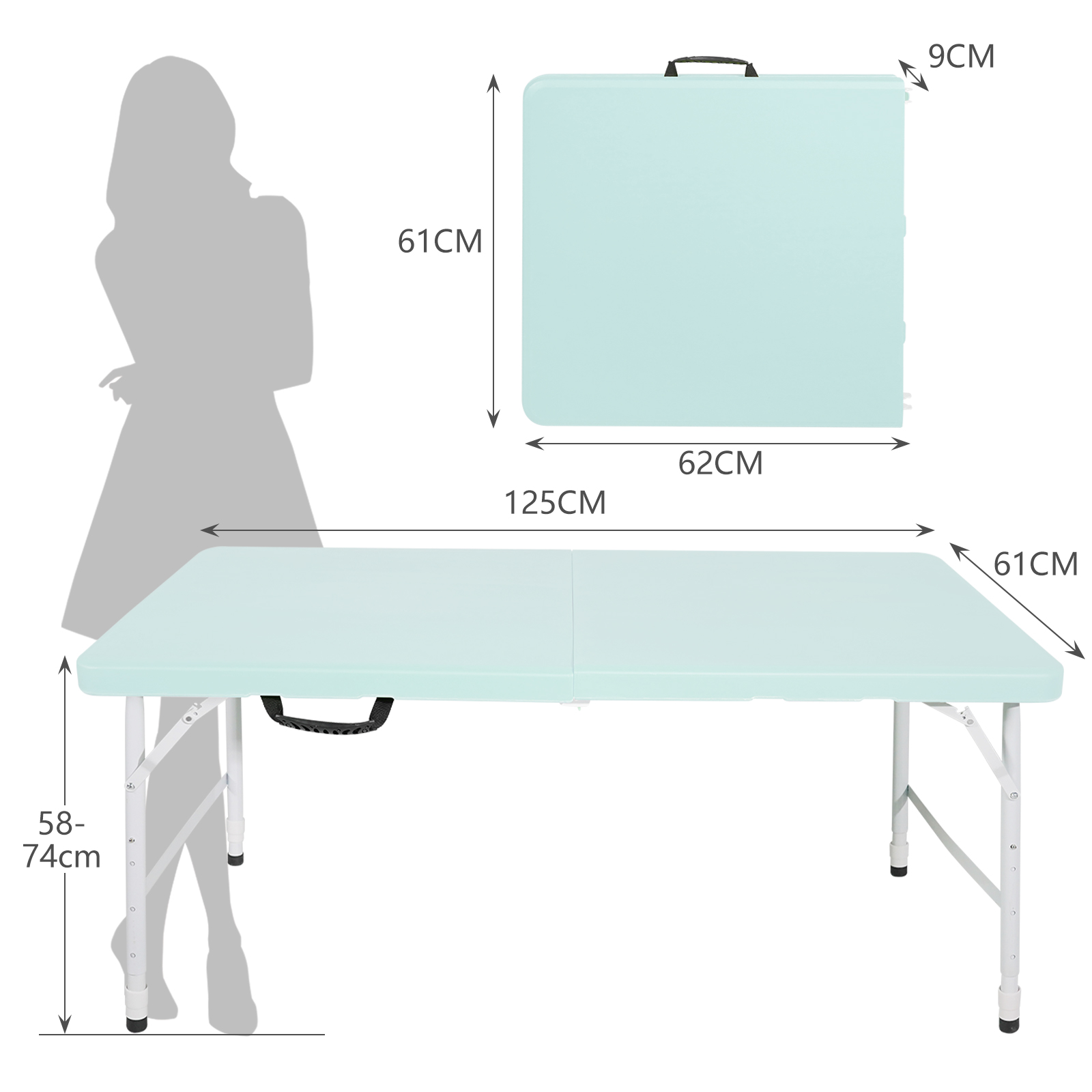 Table pliante portable 125 cm, poignée i