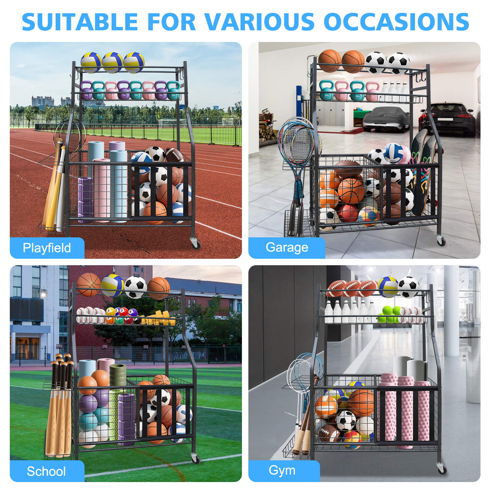 support spécial pour bâtons de baseball, panier métallique, boîtes de stockage et crochets antidérapants