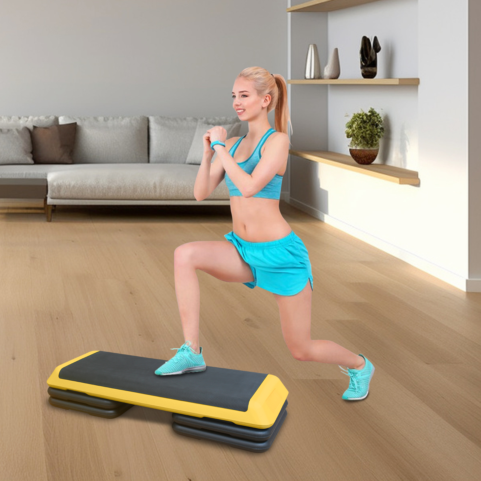 Plateau step aérobic jaune‑noir 3 niveaux