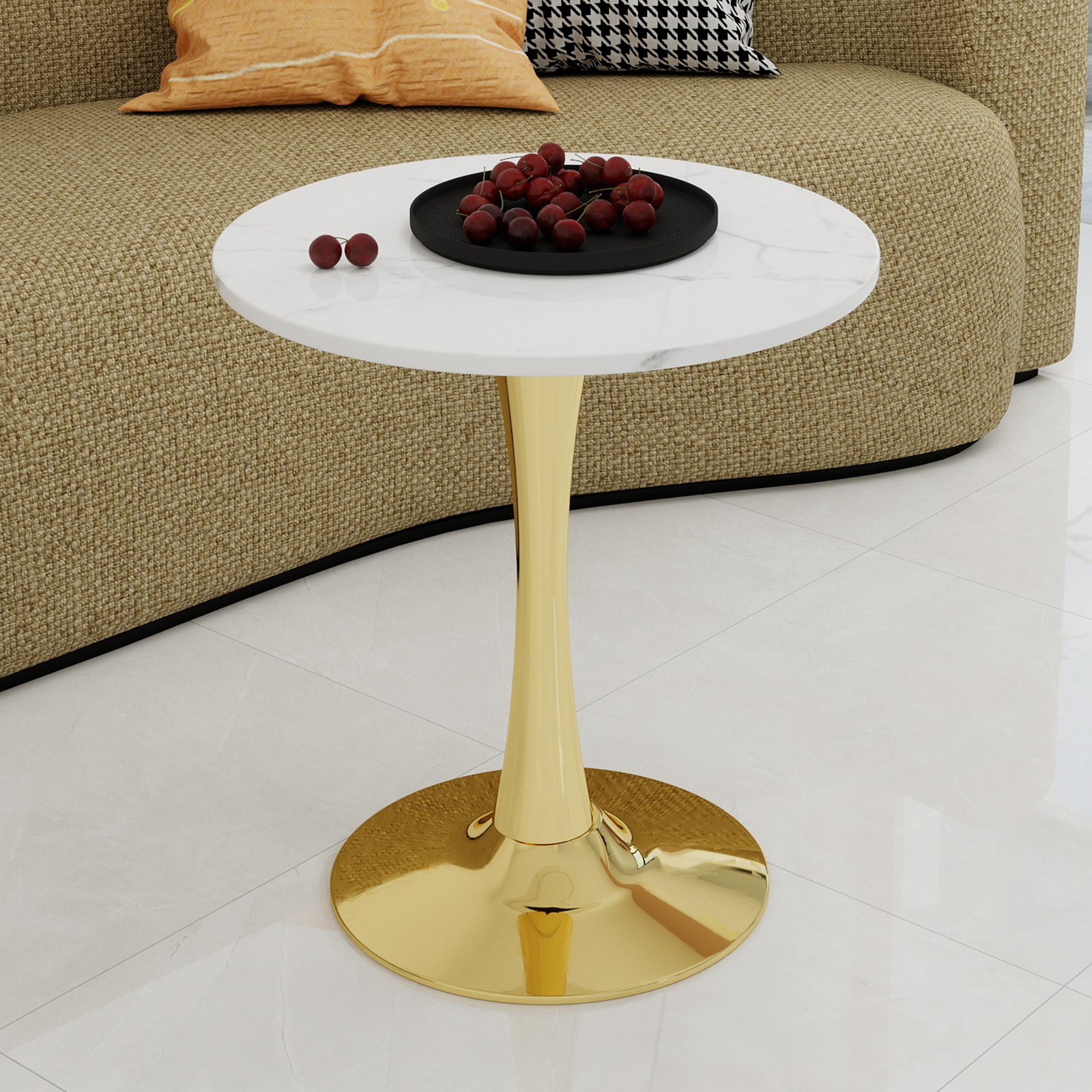 Table basse, rond, 70 x 70 x 72 cm, effet marbre, blanc - vue 3