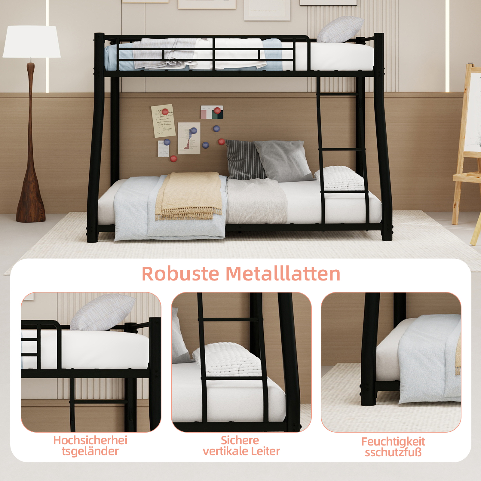 Heavy-Duty Metal Bunk Bed Frame, a top bunk of 90*