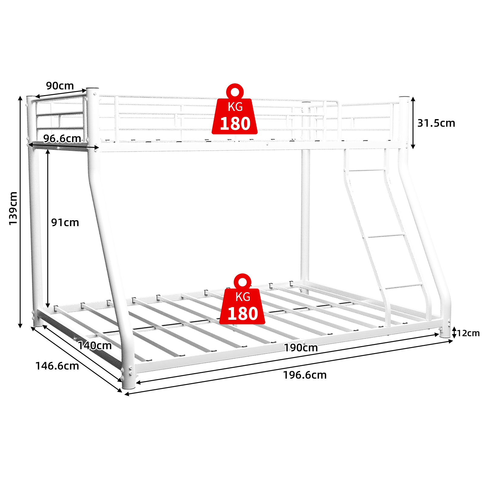 Lit superposé 90 x 140 cm 196,6x146,6x139 cm avec garde-corps en fer blanc - points forts 1