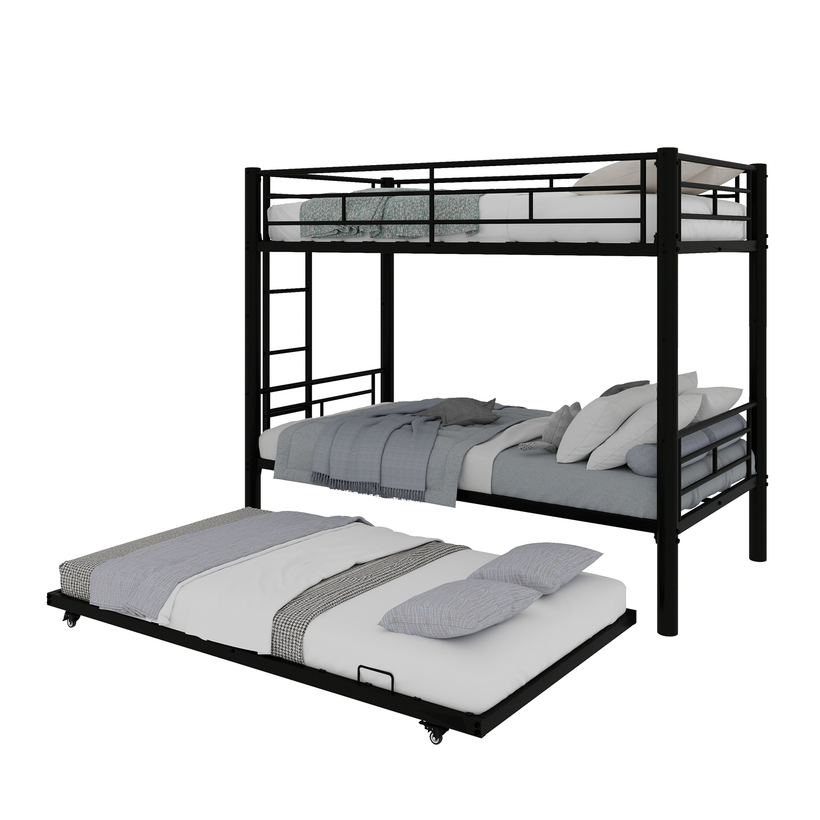 Lit superposé 3 couchages noir 90 x 190 cm avec échelle et barrières, acier métal, 196 x 103 x 156 cm, chambre enfant et ado