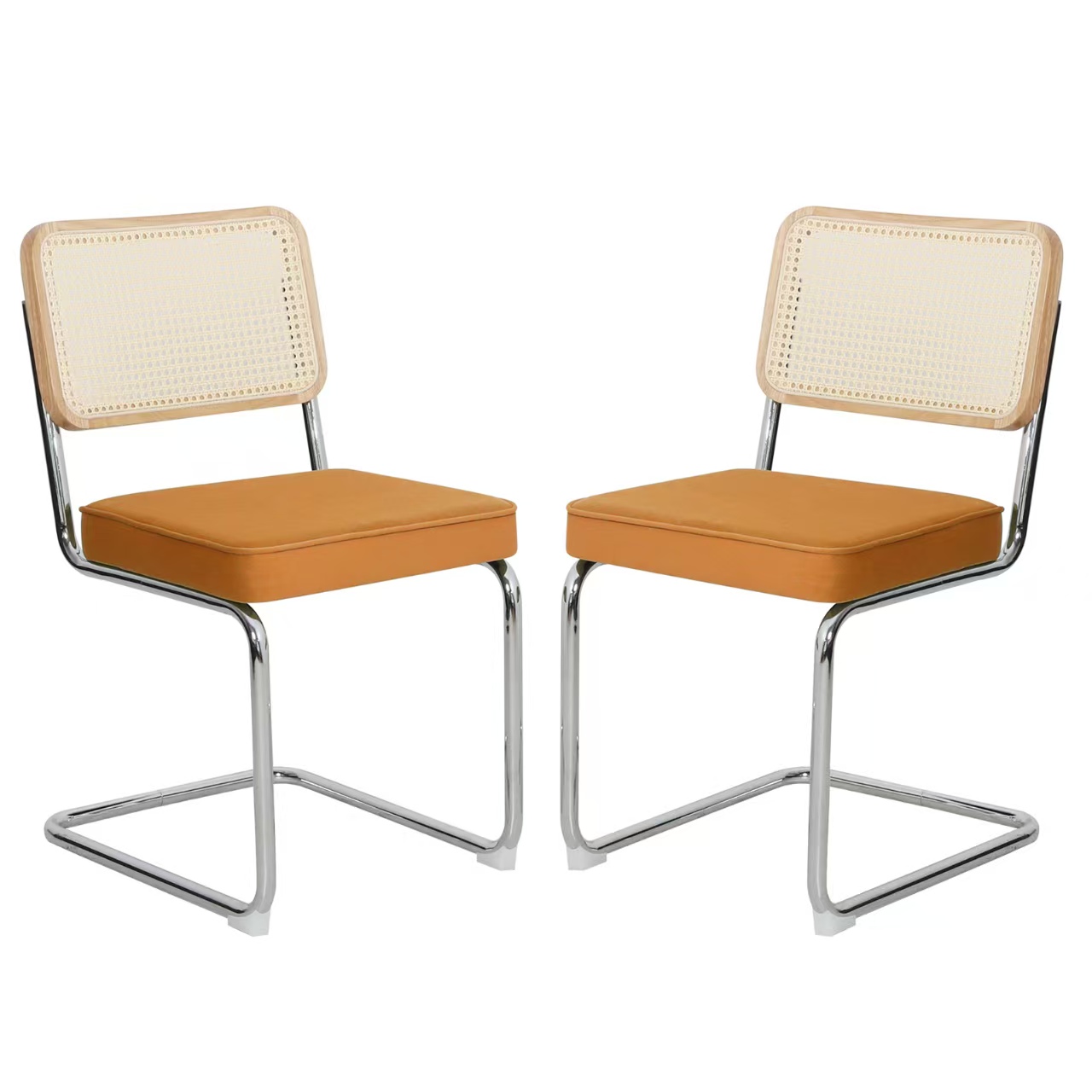 Chaise de salle à manger, lot de 4, détails en rotin, 53 x 46,4 x 84,6 cm, tissu rembourré et velours, Orange - vue 5