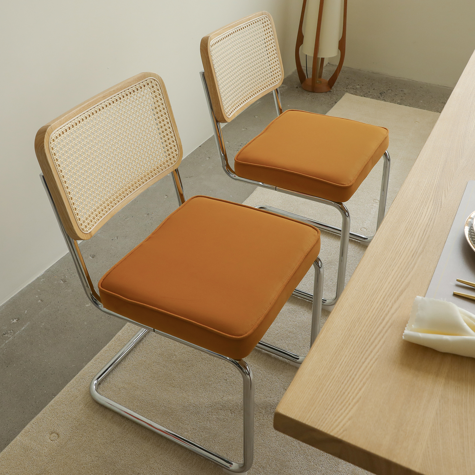 Chaise de salle à manger, lot de 2, détails en rotin, 53 x 46,4 x 84,6 cm, tissu rembourré et velours, Orange - vue 5