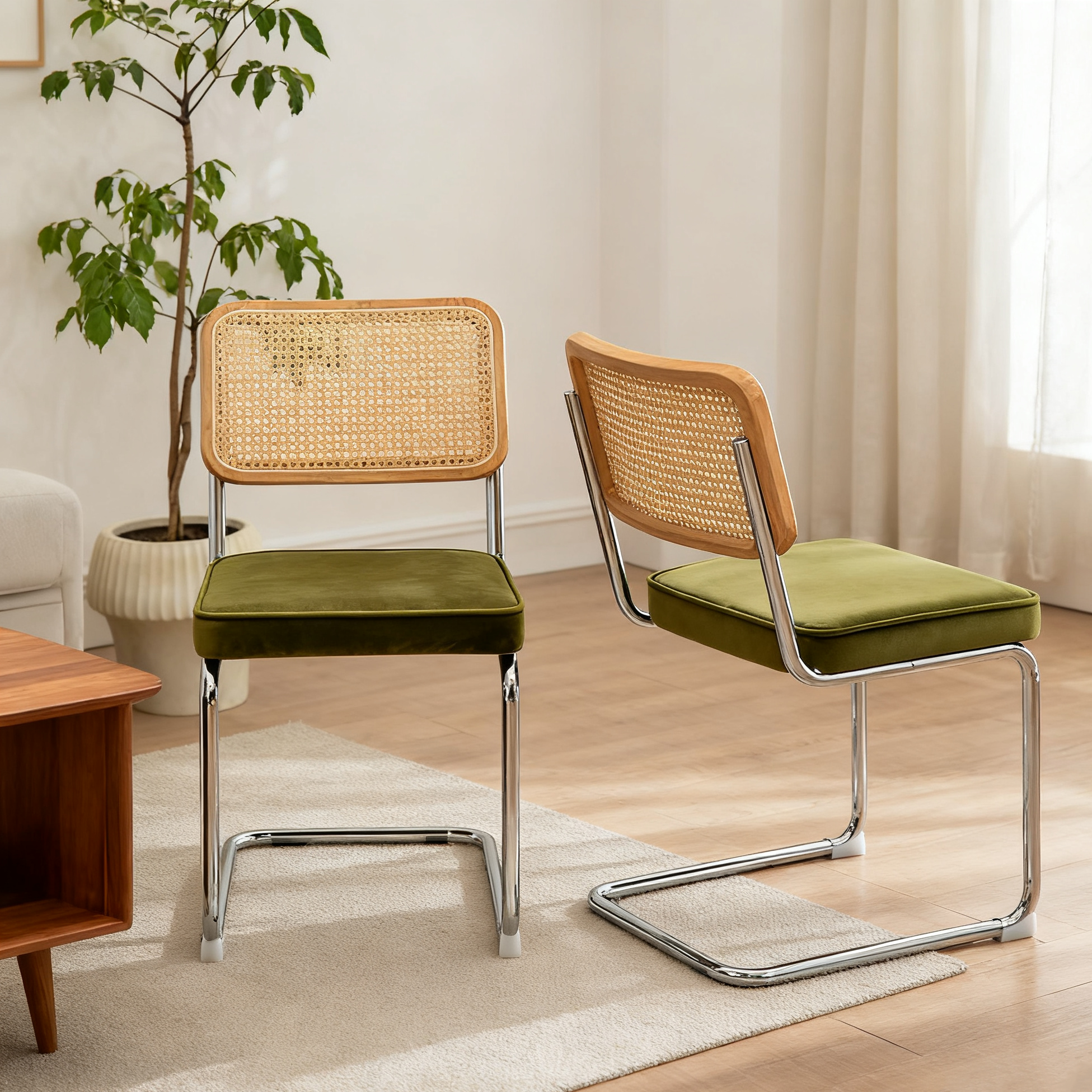 Chaise de salle à manger, lot de 2, détails en rotin, 53 x 46,4 x 84,6 cm, tissu rembourré et velours, vert - vue 2