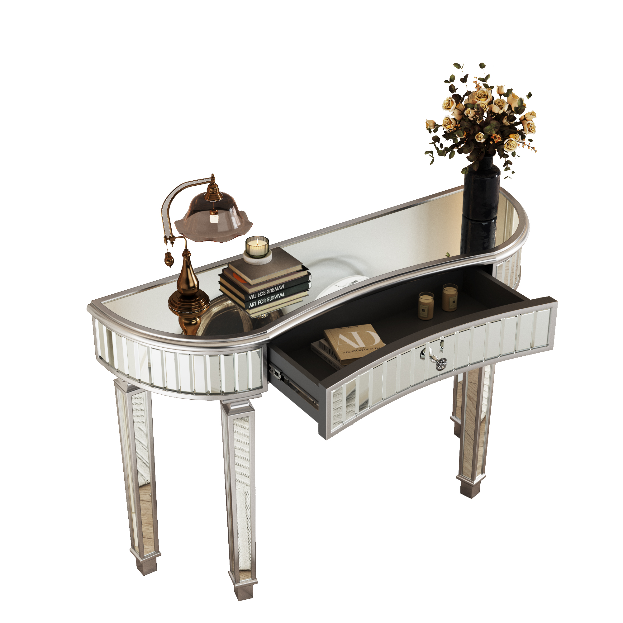Console table demi-lune en miroir, verre cannelé, tiroir fonctionnel avec poignée cristal, dimensions 120×38×78 cm, pour entrée, canapé et couloir, design élégant, amplie lumière et espace, beaucoup de style - image 9