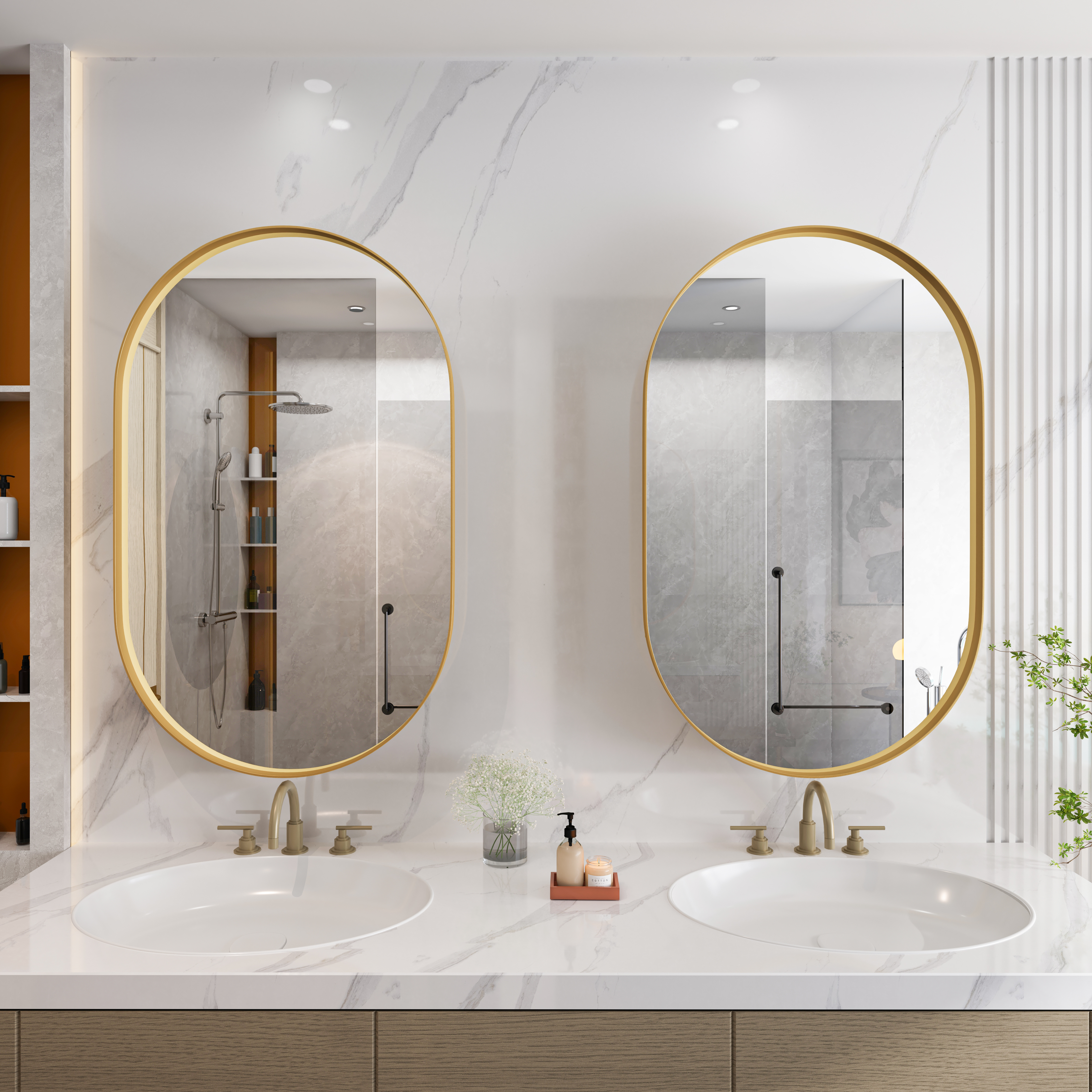 Armoire de toilette avec miroir, étagères réglables, rangement intégré, ovale, 85 x 51,5 x 12 cm, métal, doré - vue 4