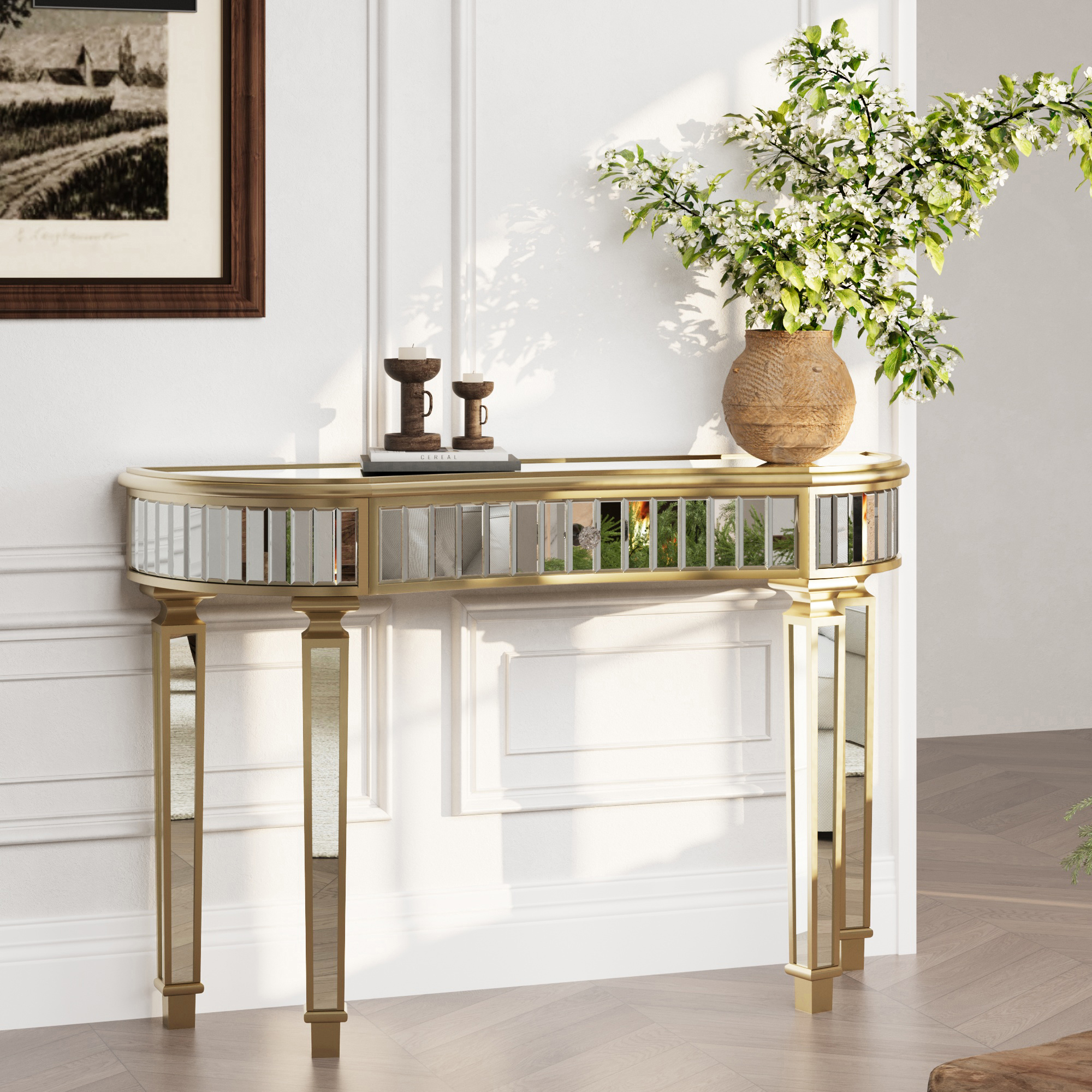 Console demi-lune 120 x 38 x 78 cm avec surface miroir rainurée et 1 tiroir, MDF et verre, Doré et argenté - vue principale