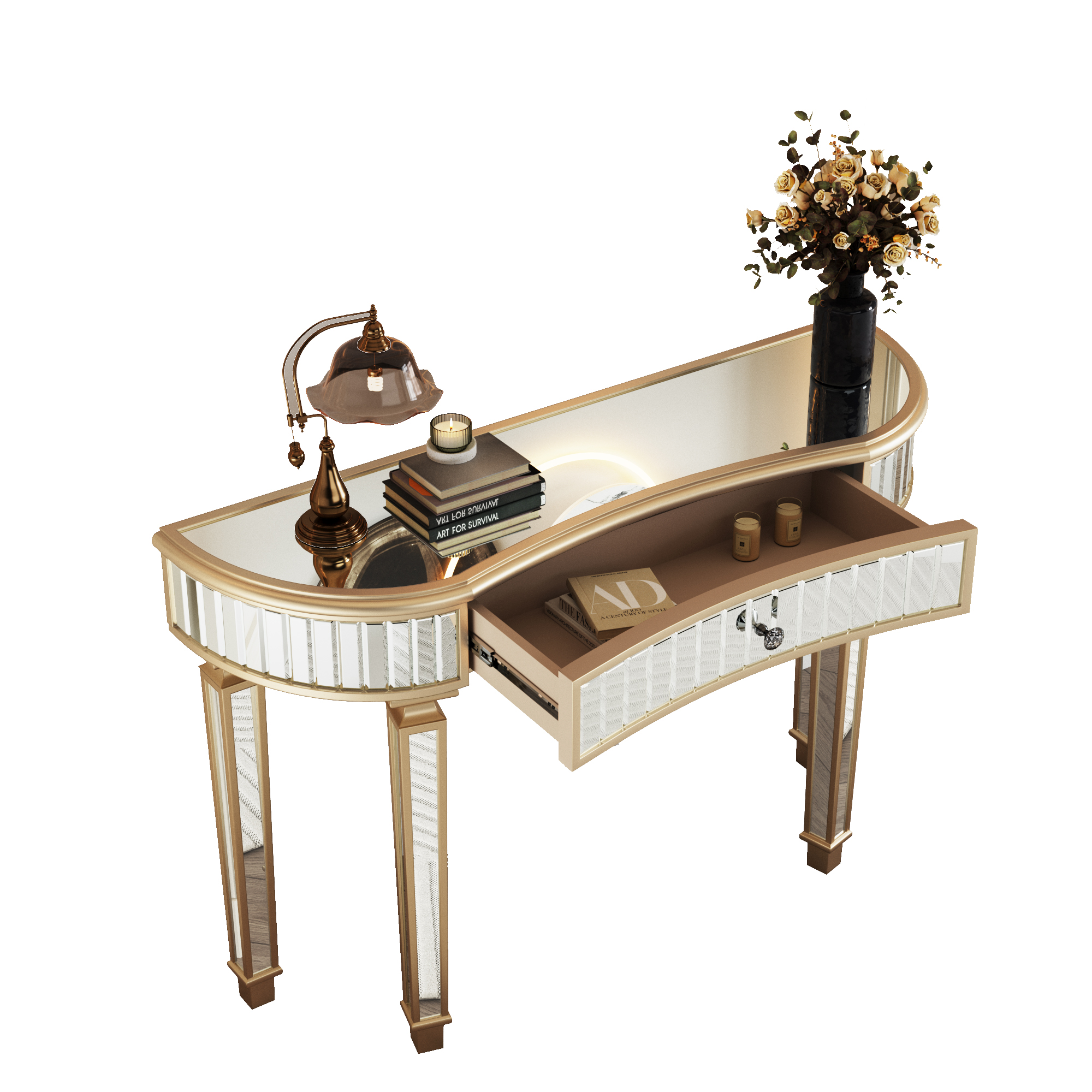 Console demi-lune 120 x 38 x 78 cm avec surface miroir rainurée et 1 tiroir, MDF et verre, Doré et argenté - détails