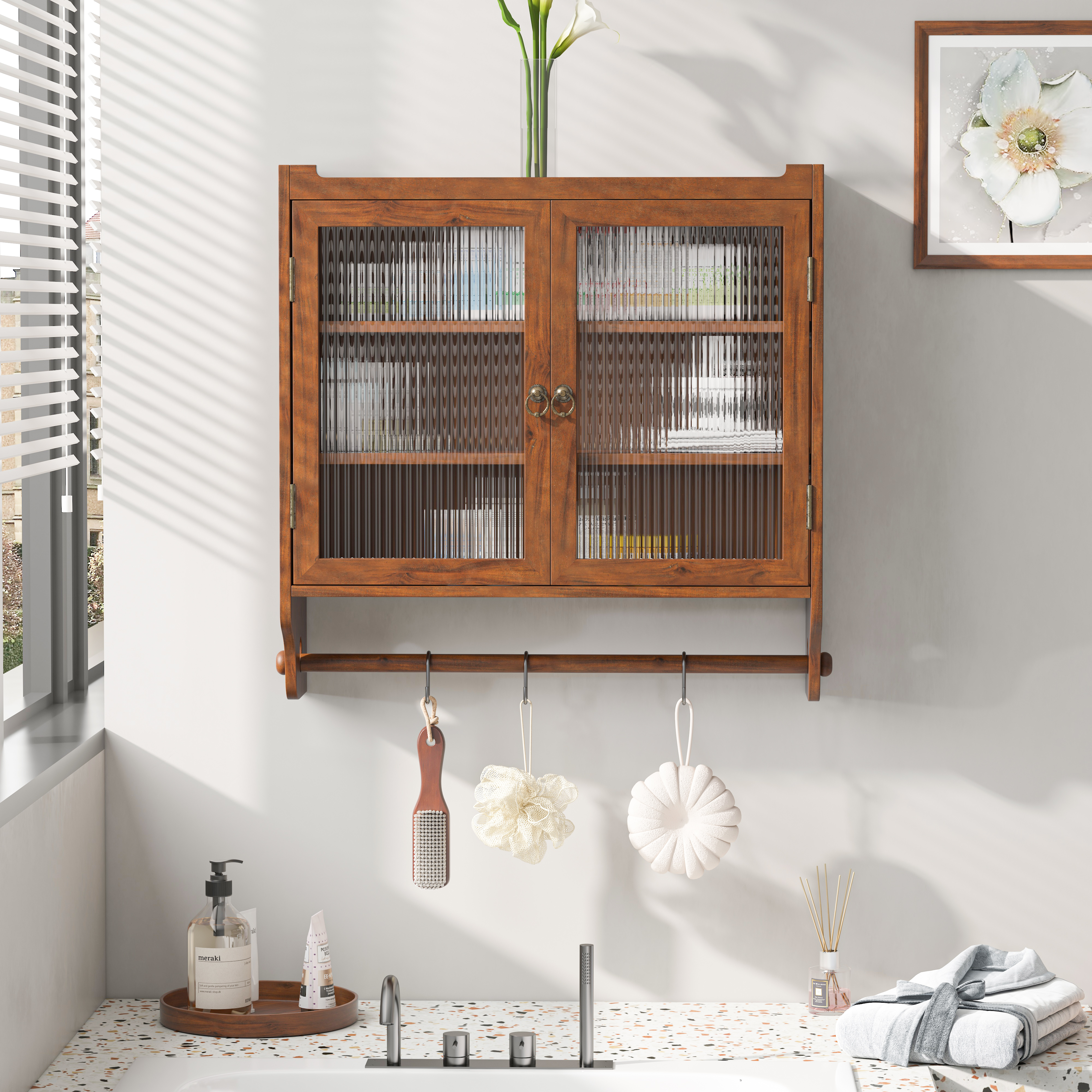 63CM Glass Door Vintage Double Door Wall Cabinet w