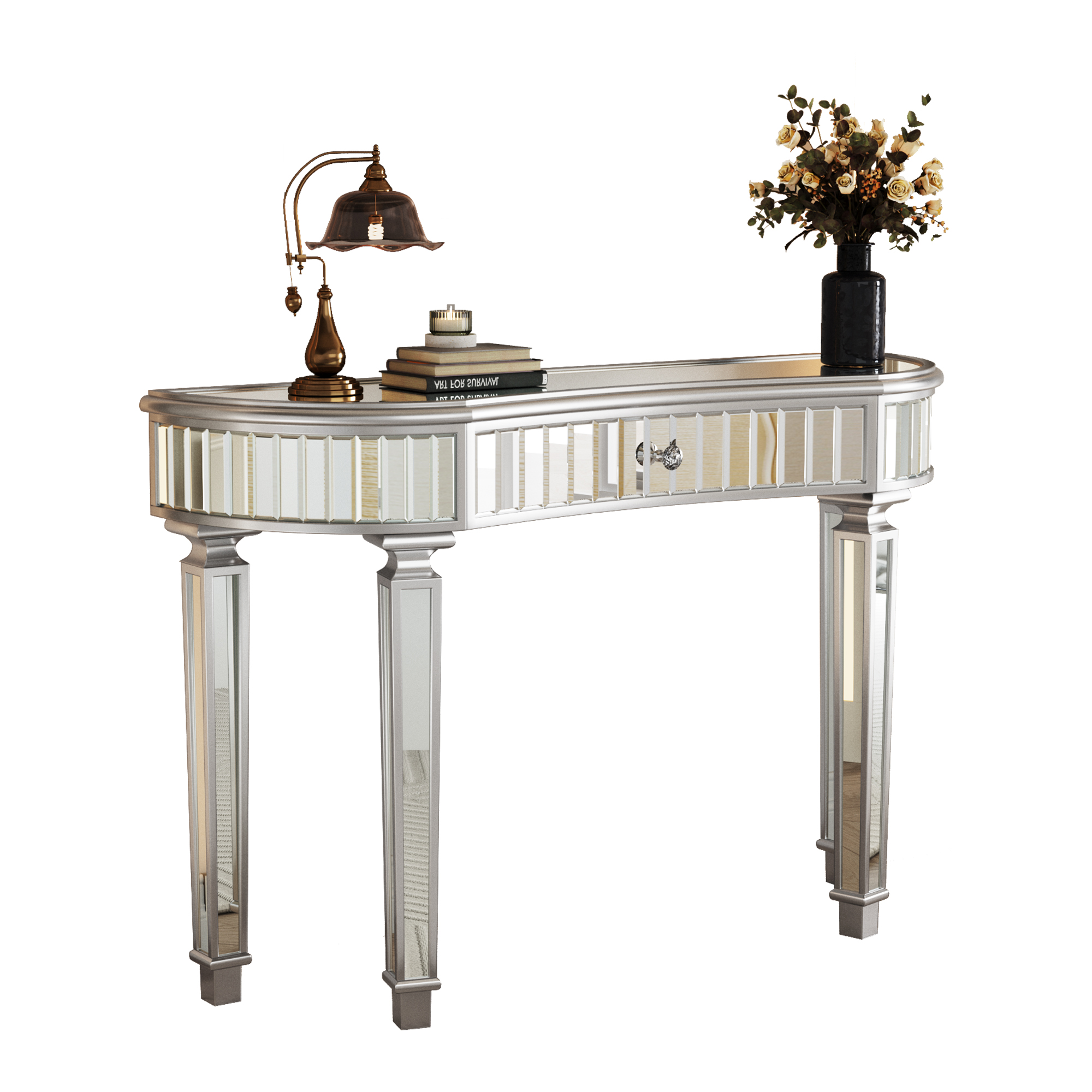 Console table demi-lune en miroir, verre cannelé, tiroir fonctionnel avec poignée cristal, dimensions 120×38×78 cm, pour entrée, canapé et couloir, design élégant, amplie lumière et espace, beaucoup de style - image 7
