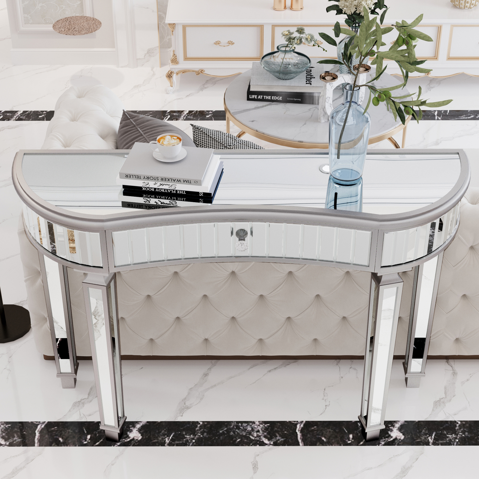 Console table demi-lune en miroir, verre cannelé, tiroir fonctionnel avec poignée cristal, dimensions 120×38×78 cm, pour entrée, canapé et couloir, design élégant, amplie lumière et espace, beaucoup de style - image 4