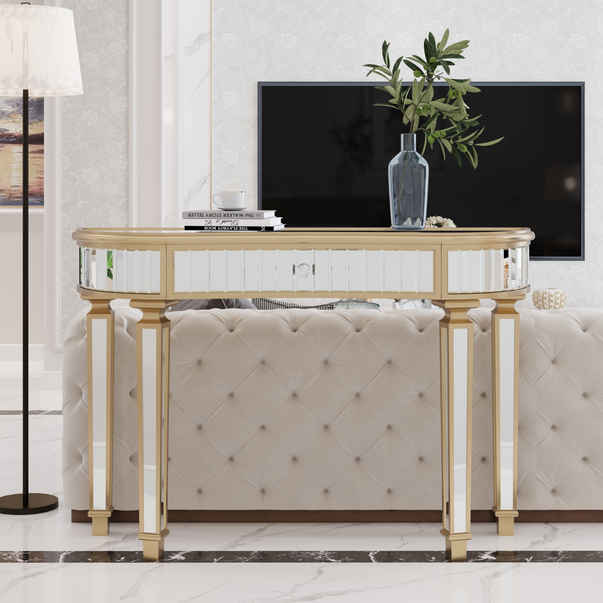 Console demi-lune 120 x 38 x 78 cm avec surface miroir rainurée et 1 tiroir, MDF et verre, Doré et argenté - vue complémentaire