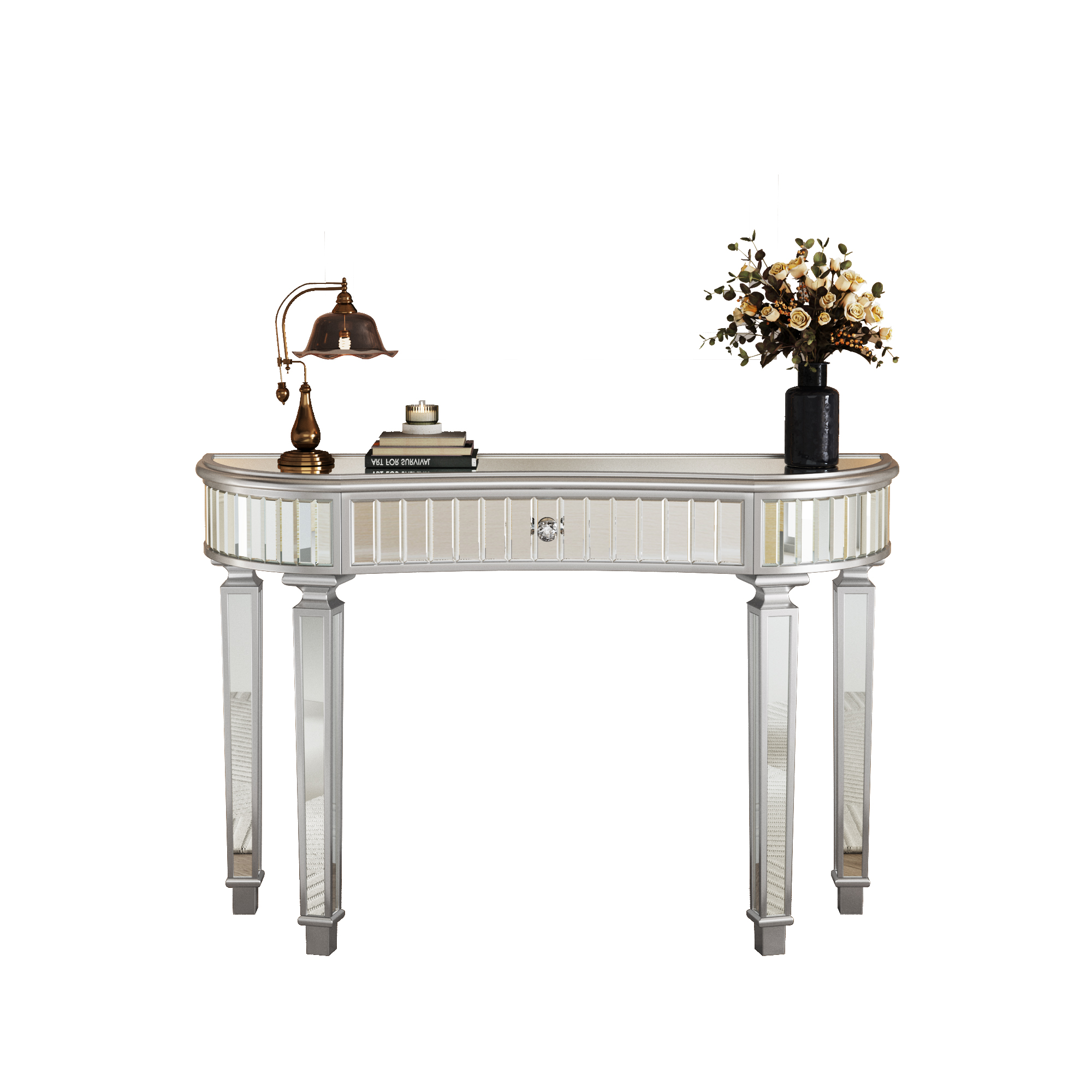 Console table demi-lune en miroir, verre cannelé, tiroir fonctionnel avec poignée cristal, dimensions 120×38×78 cm, pour entrée, canapé et couloir, design élégant, amplie lumière et espace, beaucoup de style - image 6