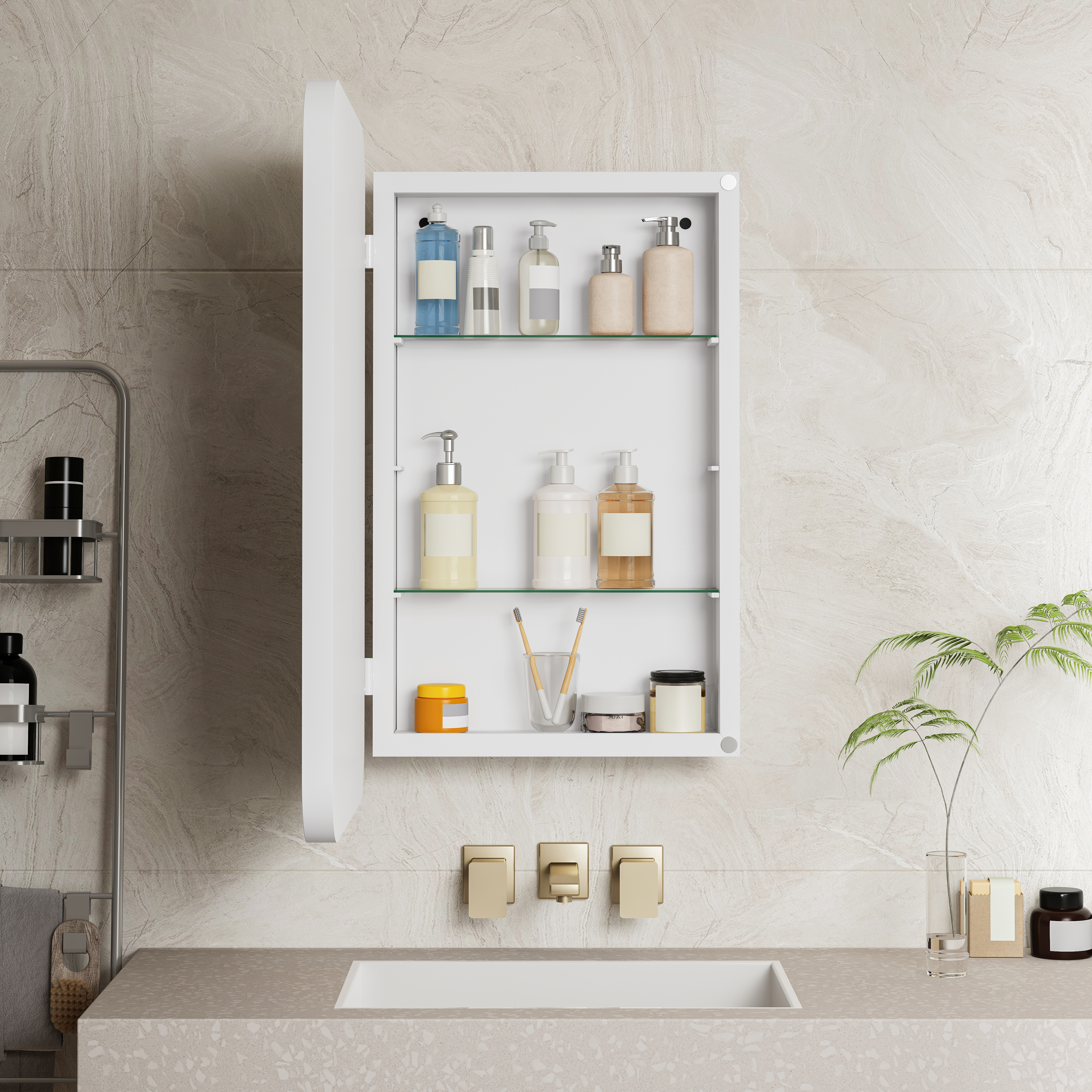 Armoire de toilette avec miroir, étagères réglables, rangement intégré, 76 x 51 x 12 cm, métal, blanc - vue 3