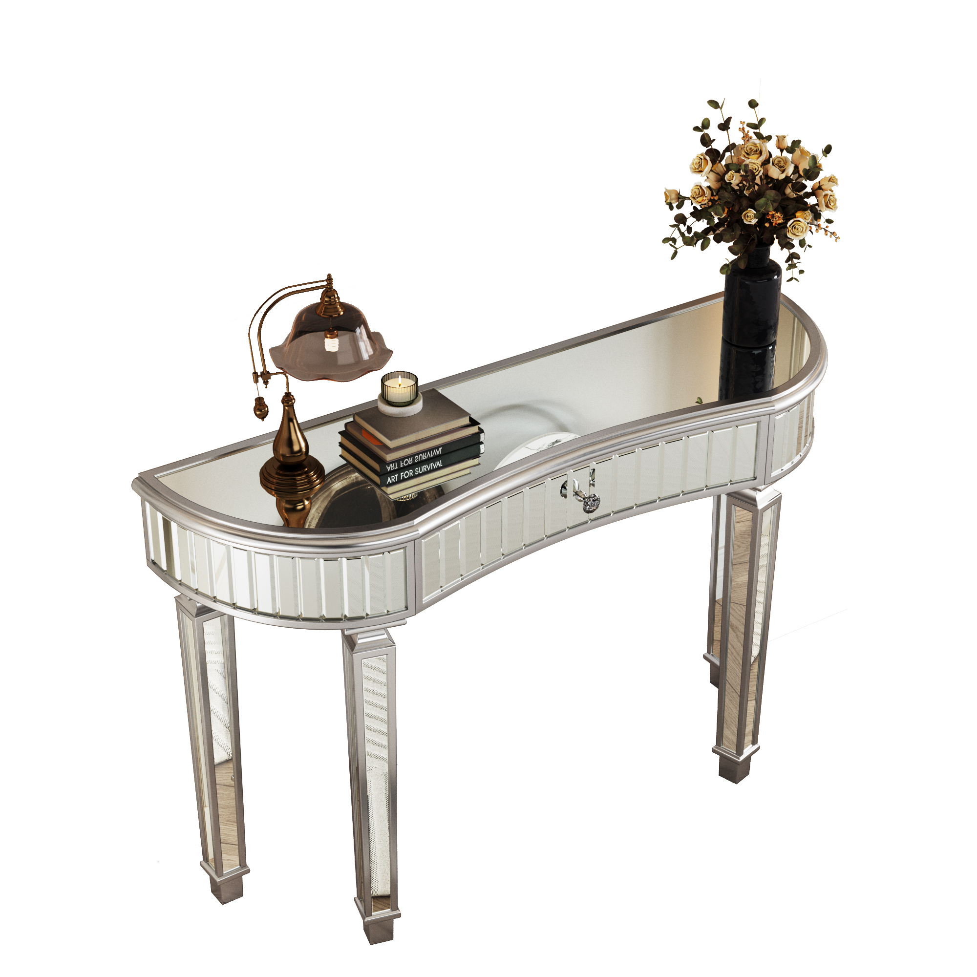 Console table demi-lune en miroir, verre cannelé, tiroir fonctionnel avec poignée cristal, dimensions 120×38×78 cm, pour entrée, canapé et couloir, design élégant, amplie lumière et espace, beaucoup de style - image 10