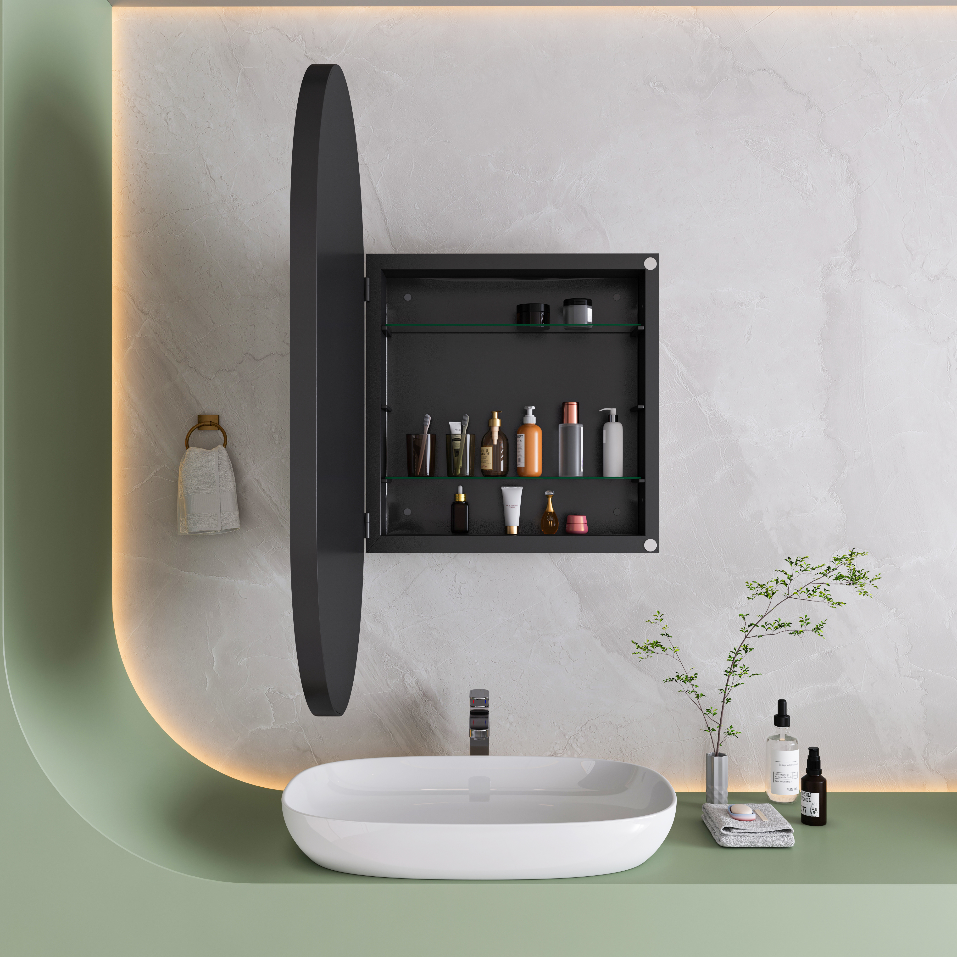 Armoire de toilette avec miroir, étagères réglables, rangement intégré, ovale, 85 x 51,5 x 12 cm, métal, noir - vue 3