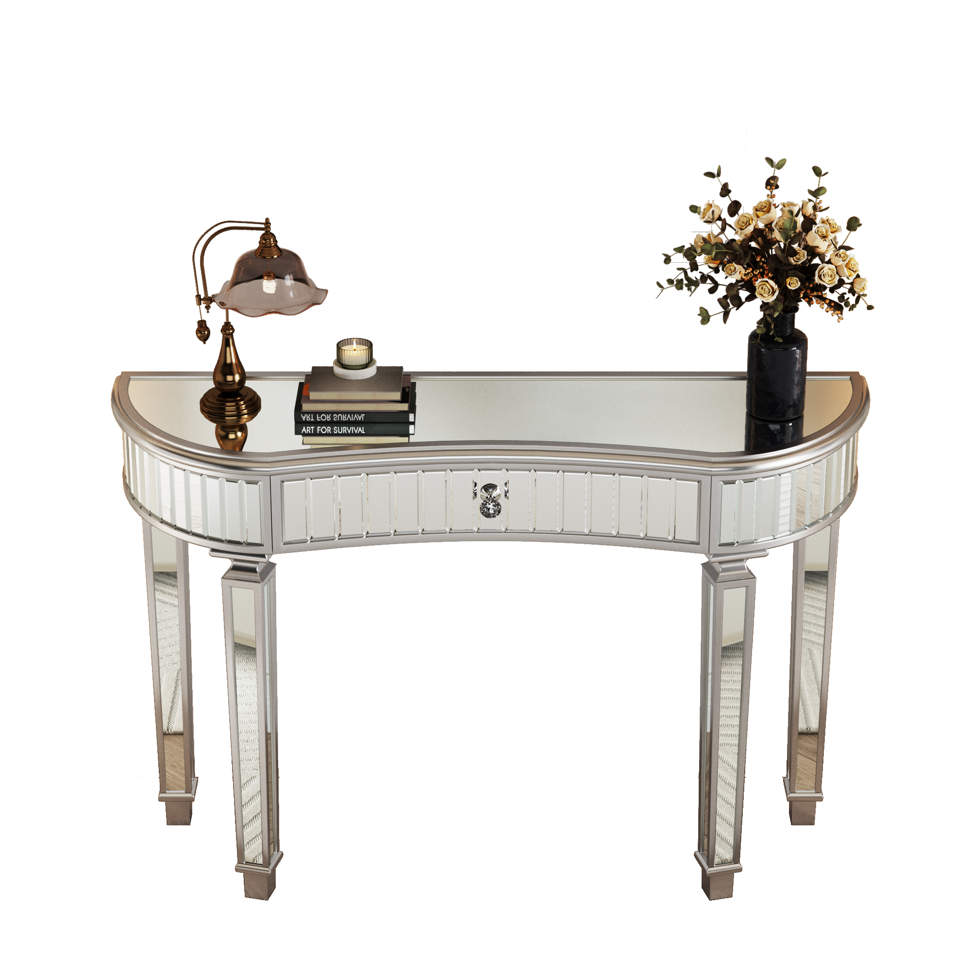 Console table demi-lune en miroir, verre cannelé, tiroir fonctionnel avec poignée cristal, dimensions 120×38×78 cm, pour entrée, canapé et couloir, design élégant, amplie lumière et espace, beaucoup de style - image 8