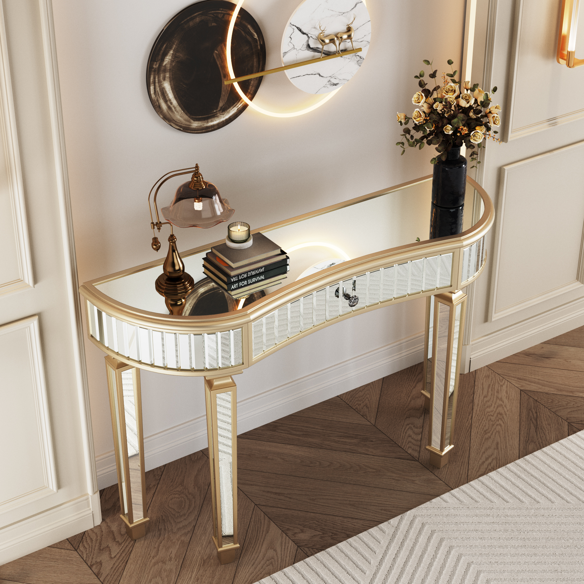 Console demi-lune 120 x 38 x 78 cm avec surface miroir rainurée et 1 tiroir, MDF et verre, Doré et argenté - dimensions et détails