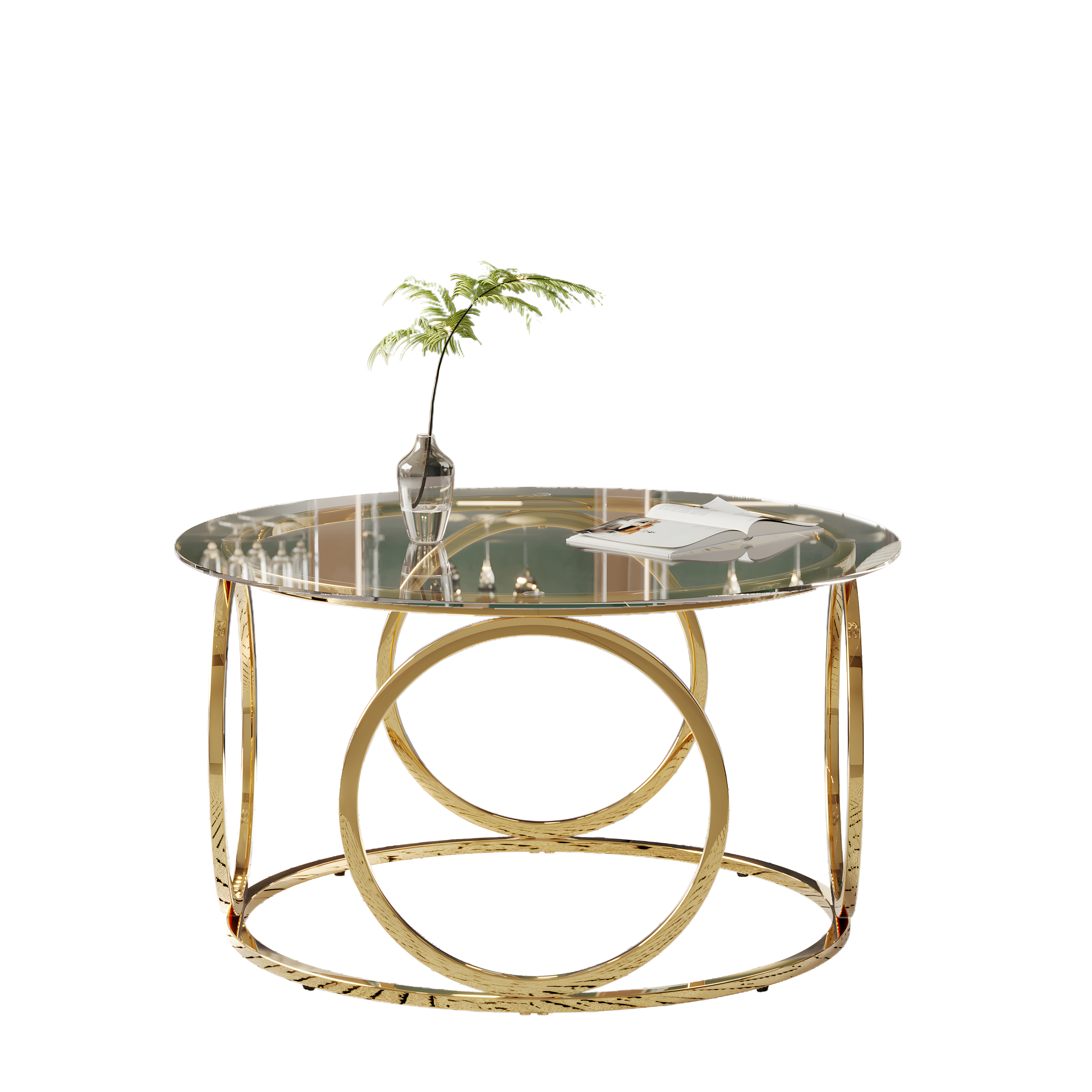 Table basse ronde 80 x 80 x 45 cm, plateau en verre trempé 6 mm, piètement métallique, Doré - dimensions et spécifications