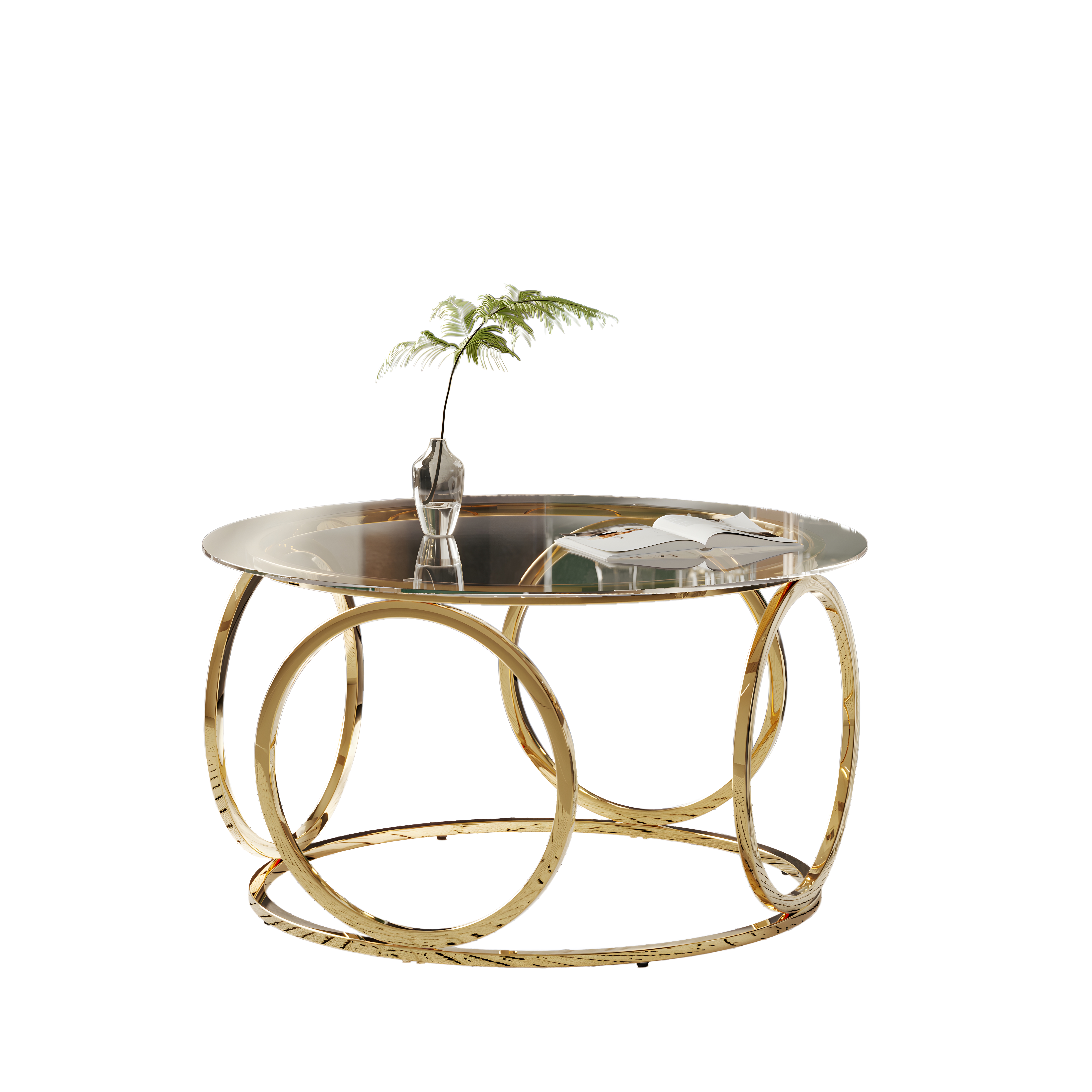 Table basse ronde 80 x 80 x 45 cm, plateau en verre trempé 6 mm, piètement métallique, Doré - vue complémentaire