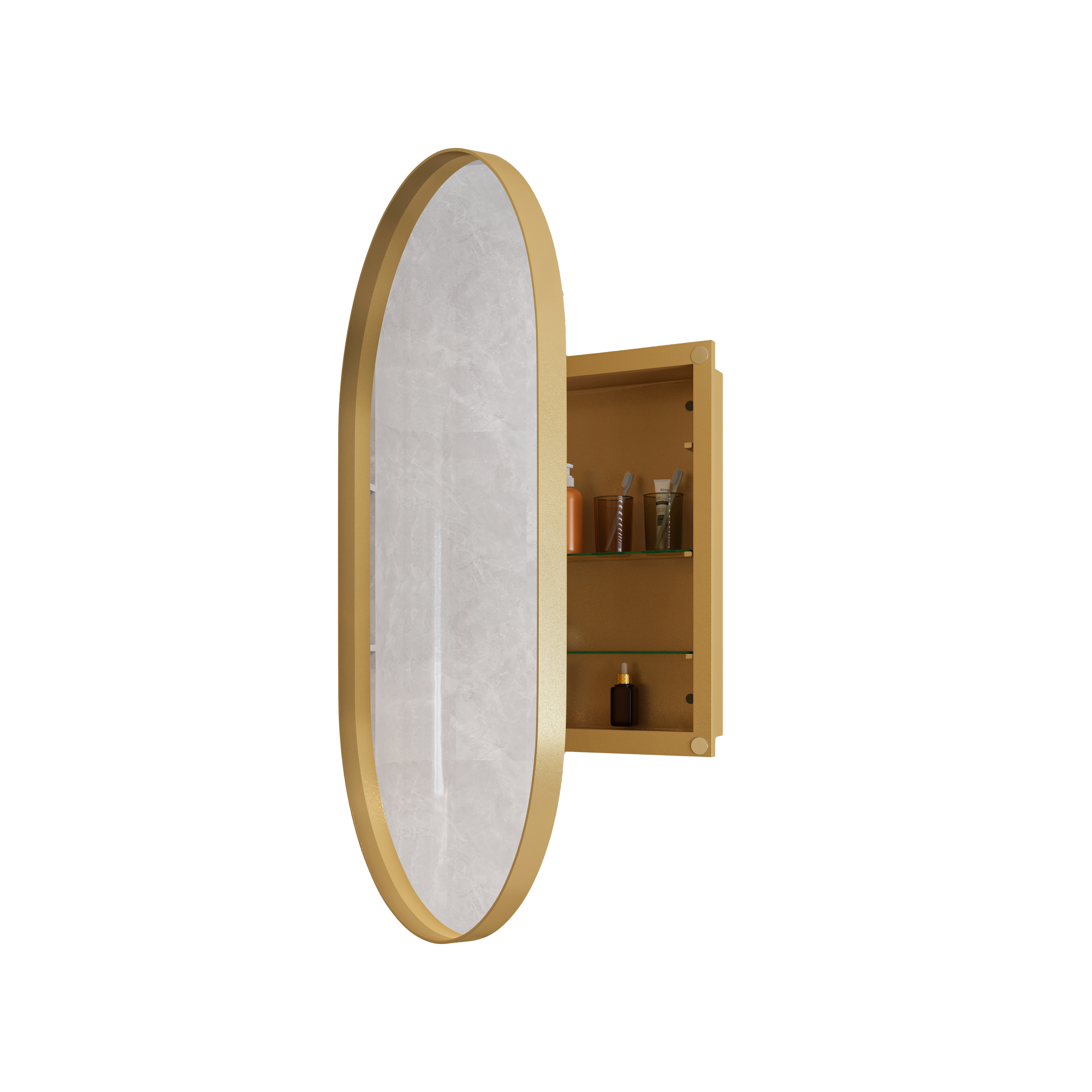 Armoire de toilette avec miroir, étagères réglables, rangement intégré, ovale, 85 x 51,5 x 12 cm, métal, doré - vue 6
